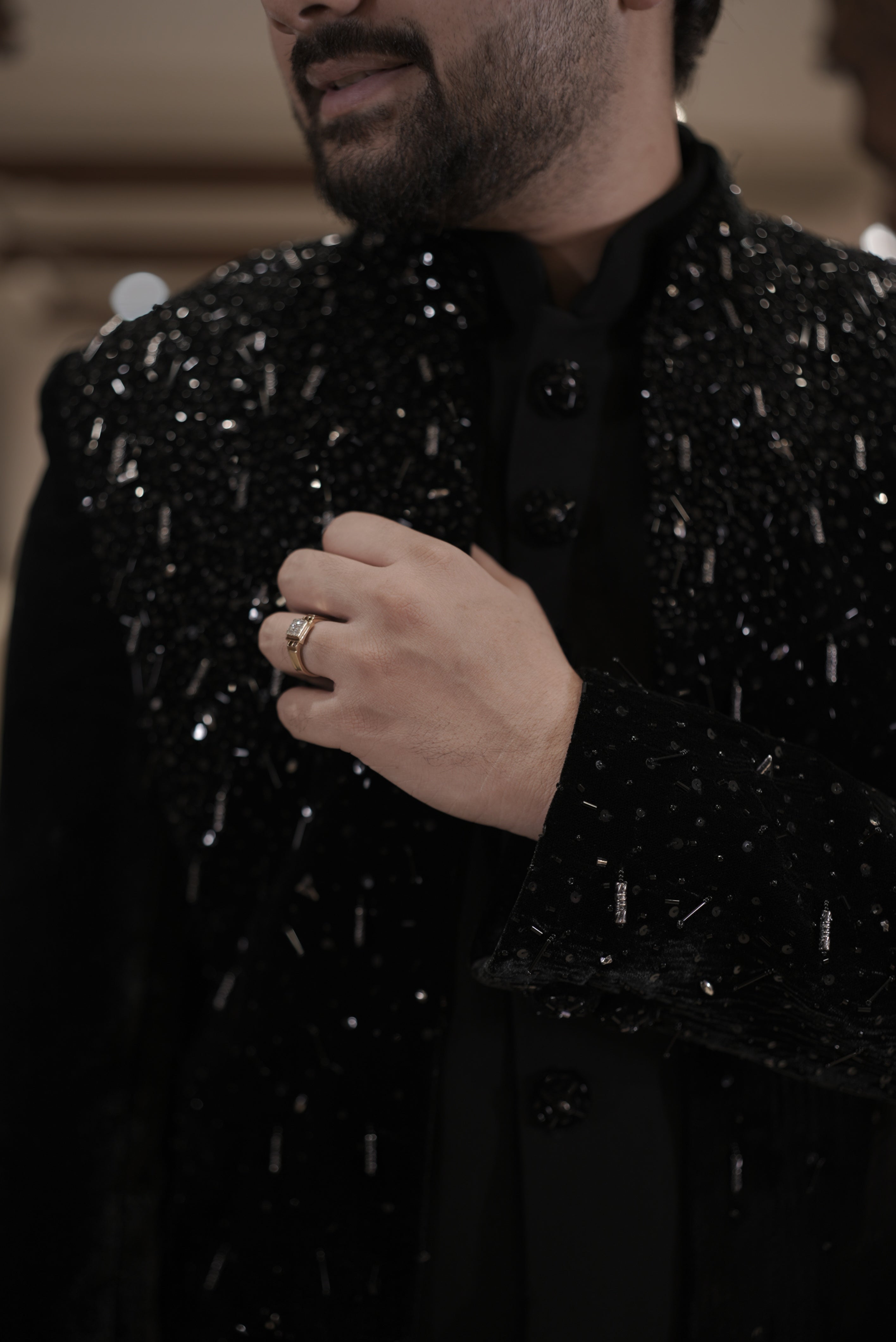 Black velvet indo-western sherwani with sequin embellishments