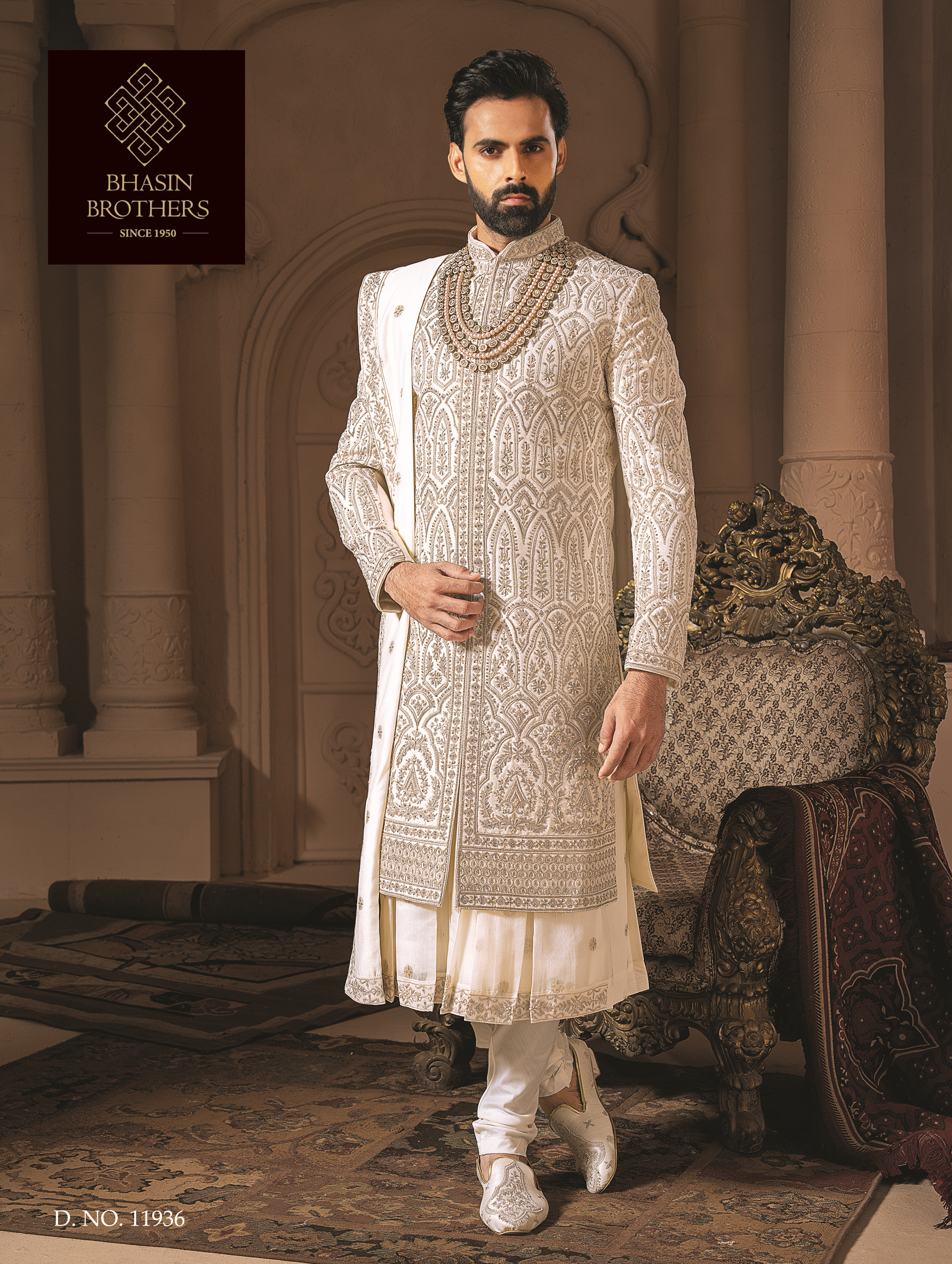Ivory Silk Sherwani with golden embroidery (Sherwani set)