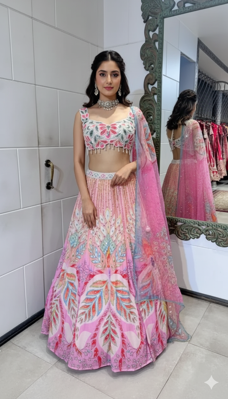 Pretty Pink Multicolor Embroidered Party Wear Lehenga