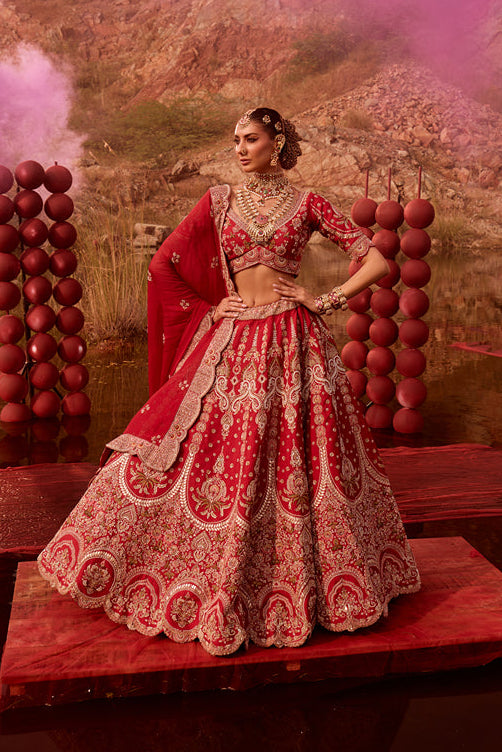 Red silk sequins and thread work Bridal lehenga