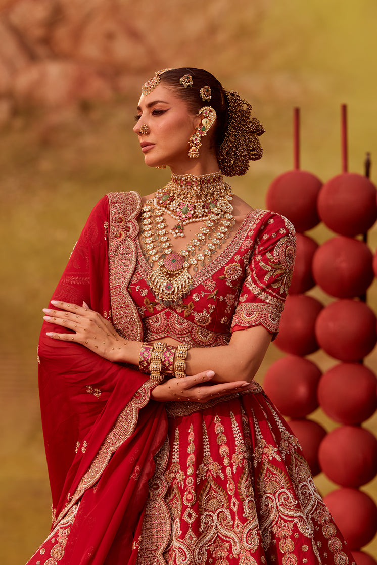 Red silk sequins and thread work Bridal lehenga