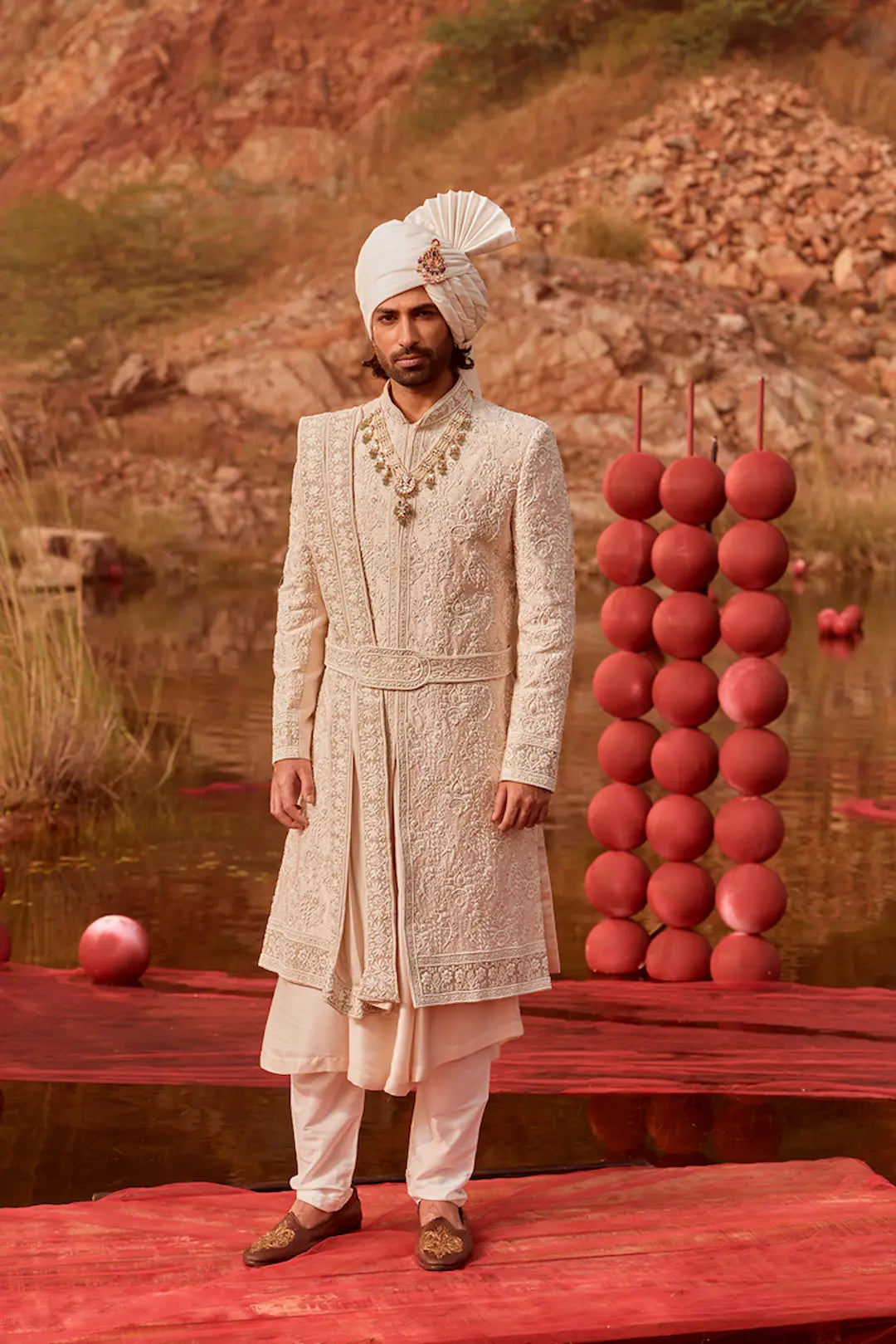 Off White Silk Sherwani with heavy hand embroidery