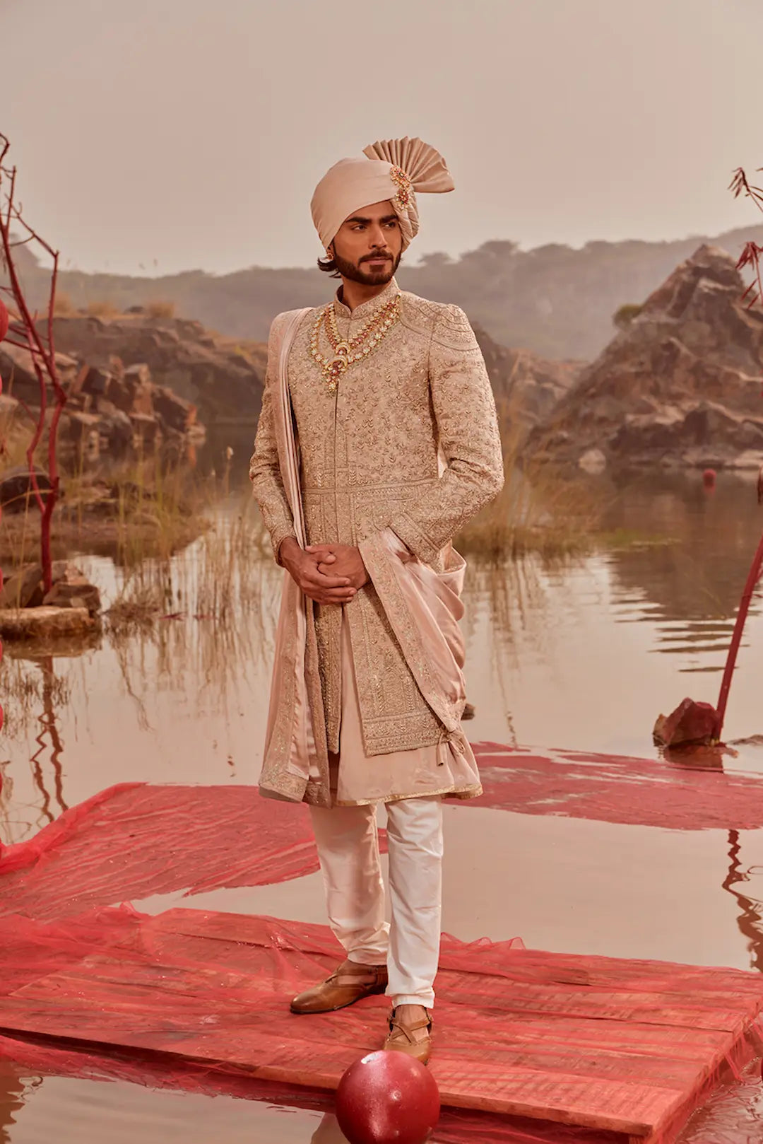 Peach tissue silk Sherwani with zardozi work