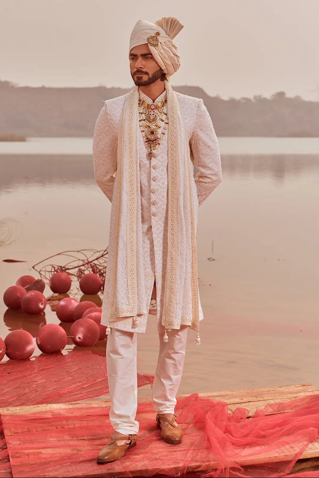 Ivory embroidered Sherwani with classic pearl detailing