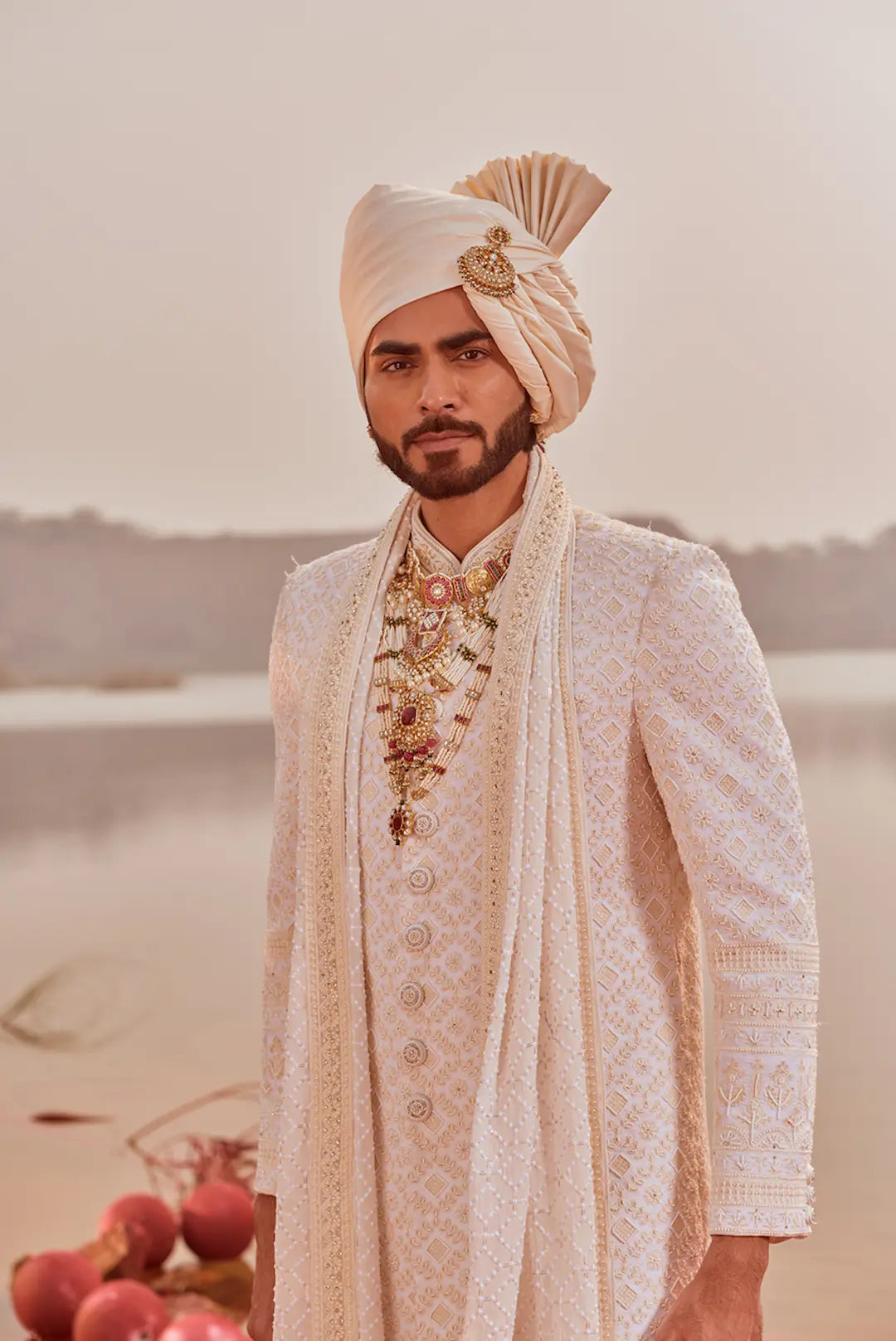 Ivory embroidered Sherwani with classic pearl detailing
