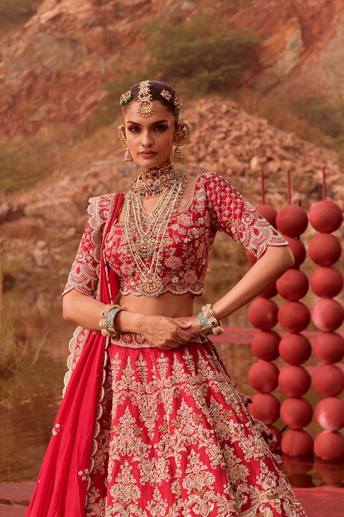 Raw silk red bridal lehenga with scallop dupatta