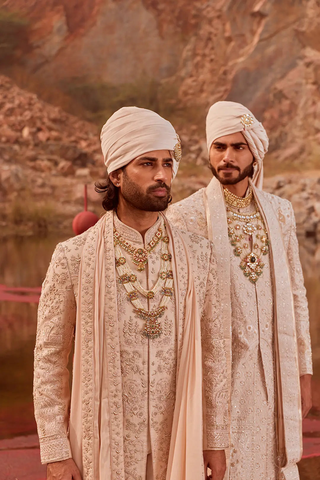 Peach silk Sherwani with zardozi work