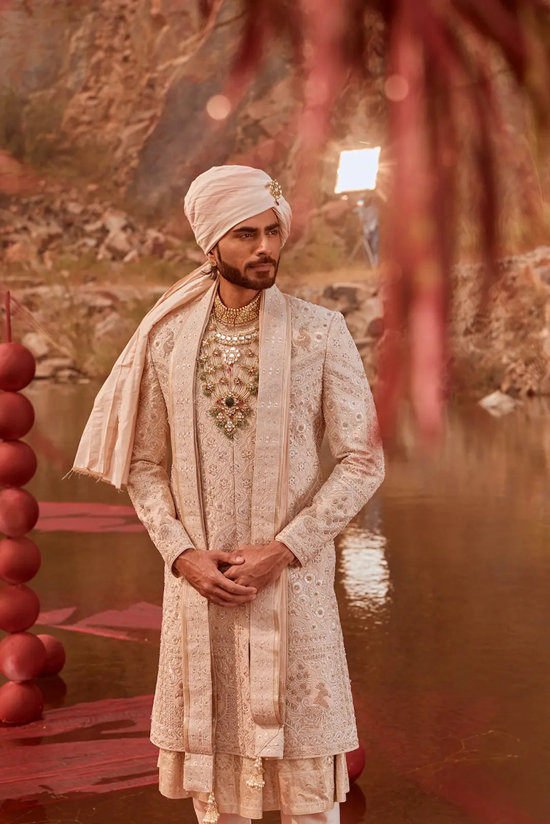 Beige silk Sherwani with zardozi work