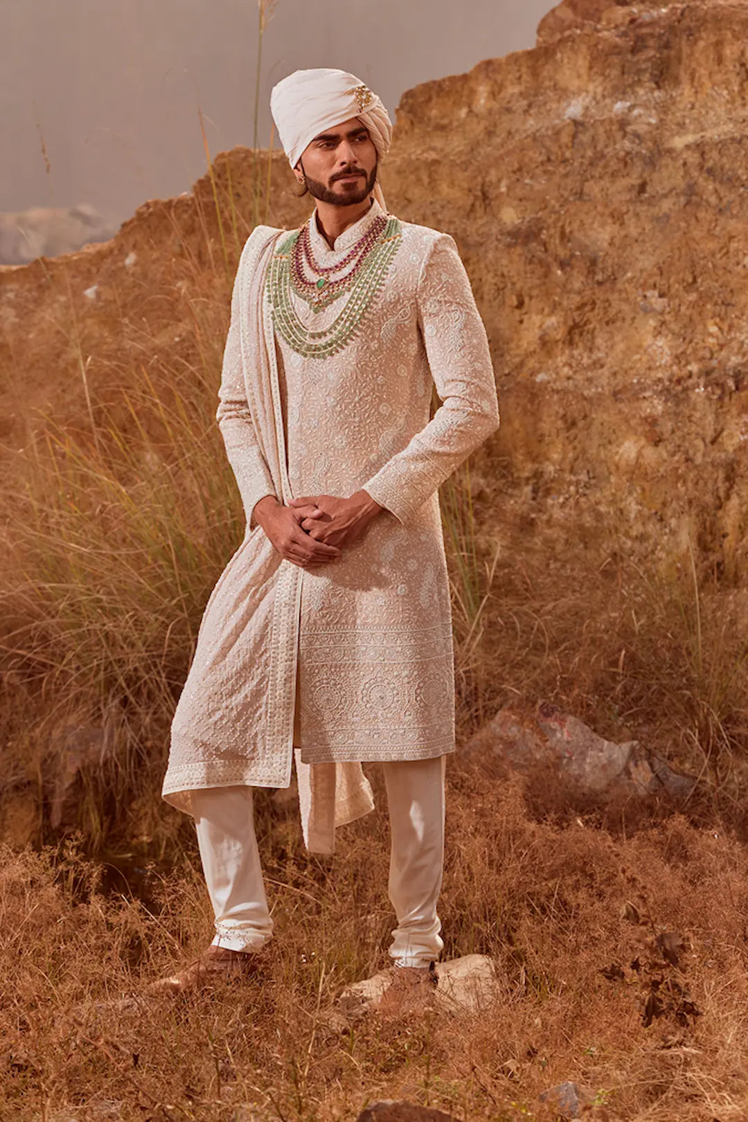 Beige Sherwani with pearl and thread work