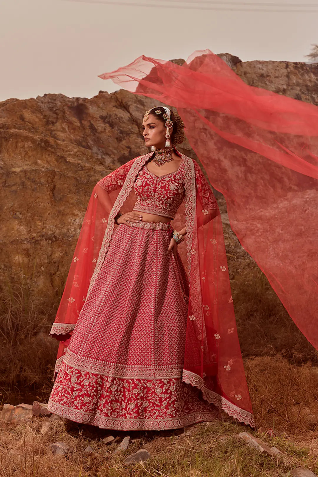 Red jaal and zari work bridal lehenga