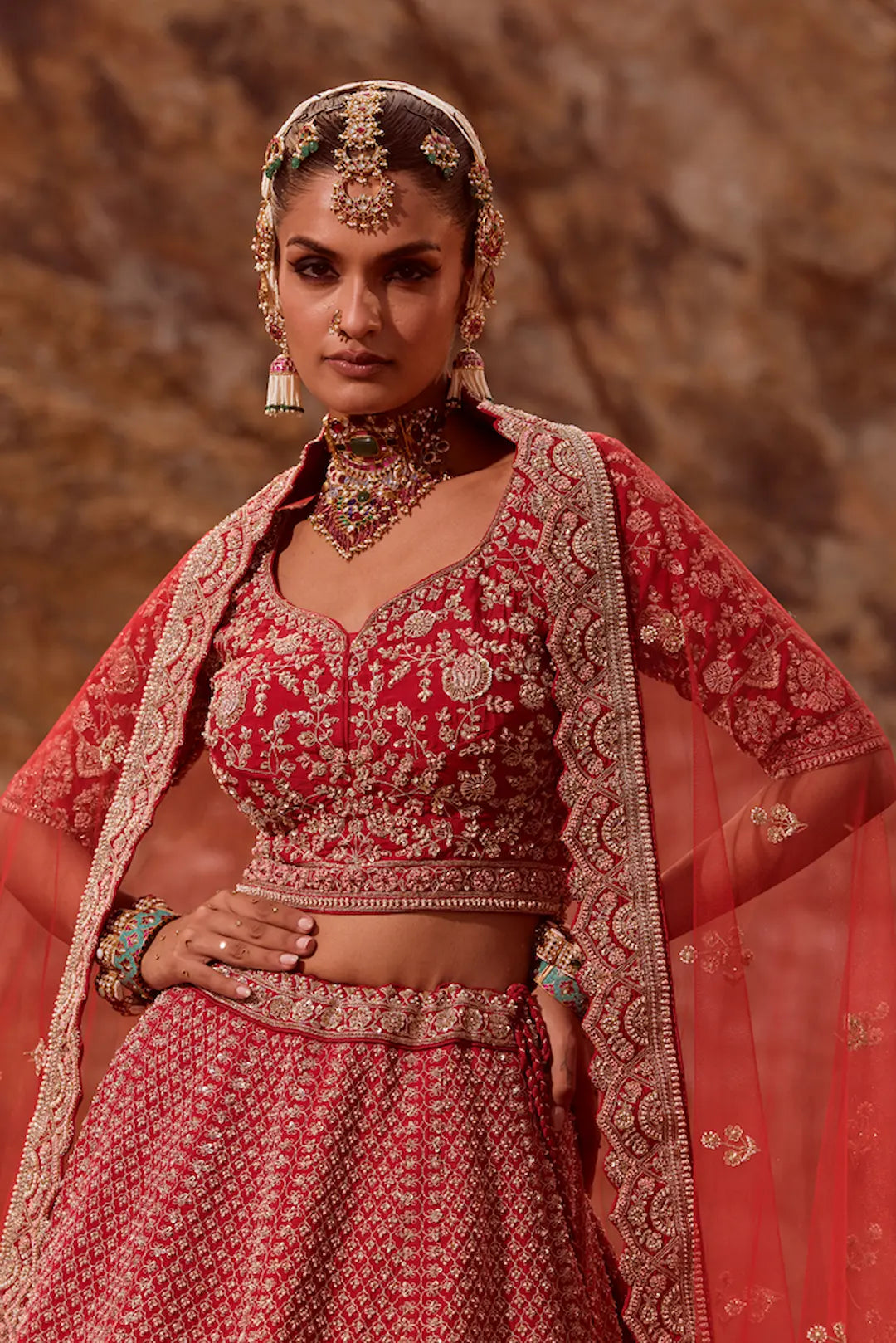 Red jaal and zari work bridal lehenga