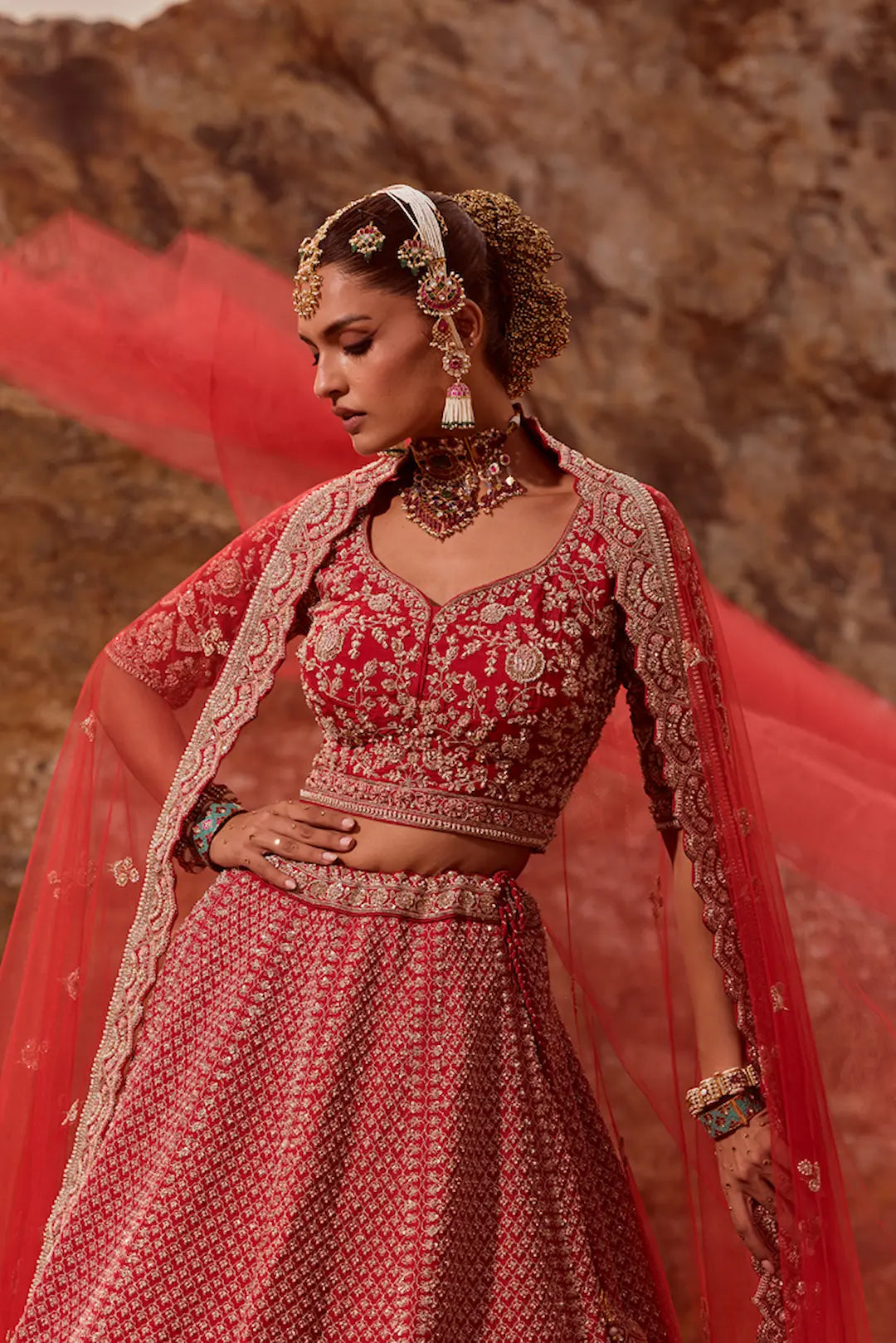 Red jaal and zari work bridal lehenga