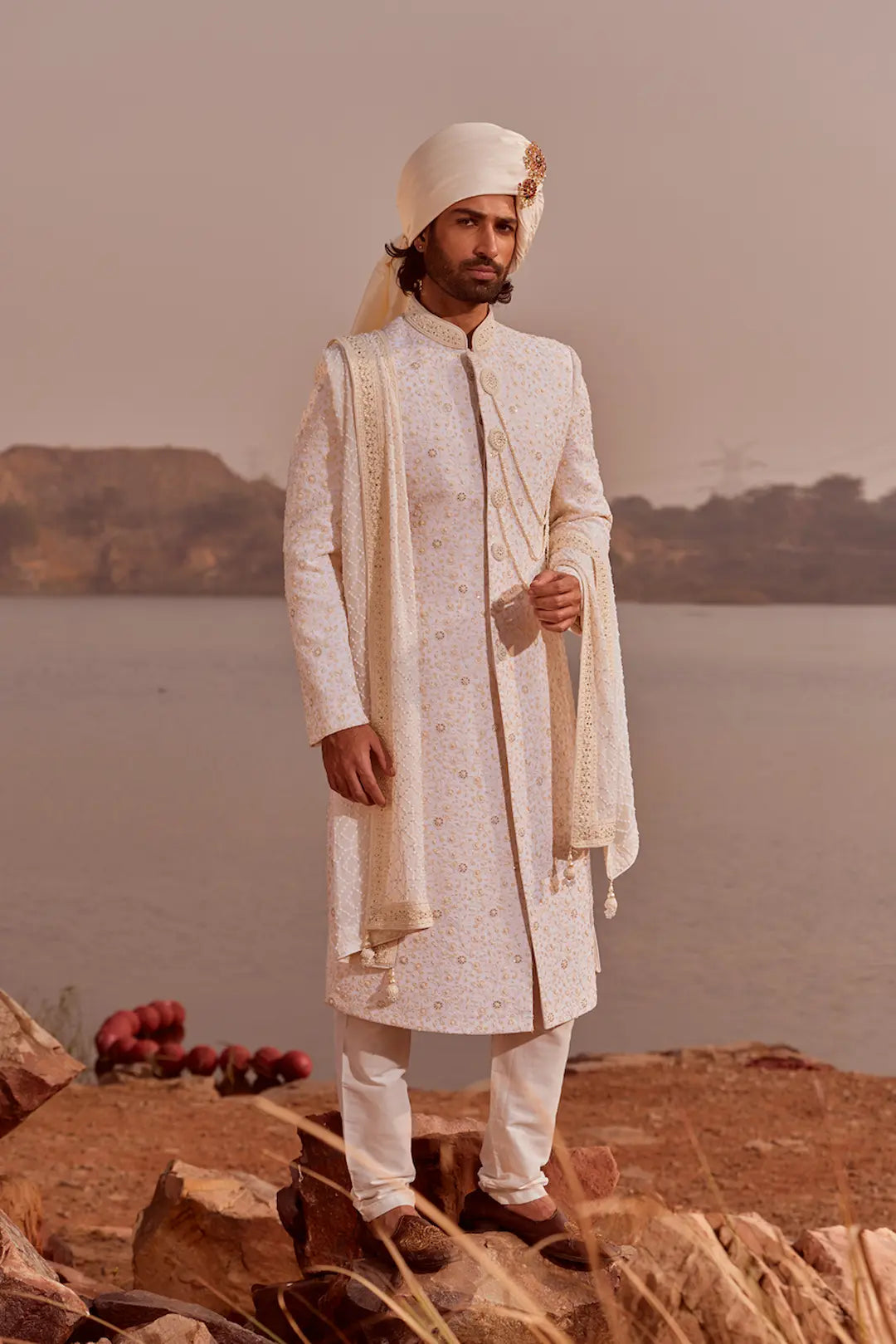 Off white pearl work Georgette Sherwani