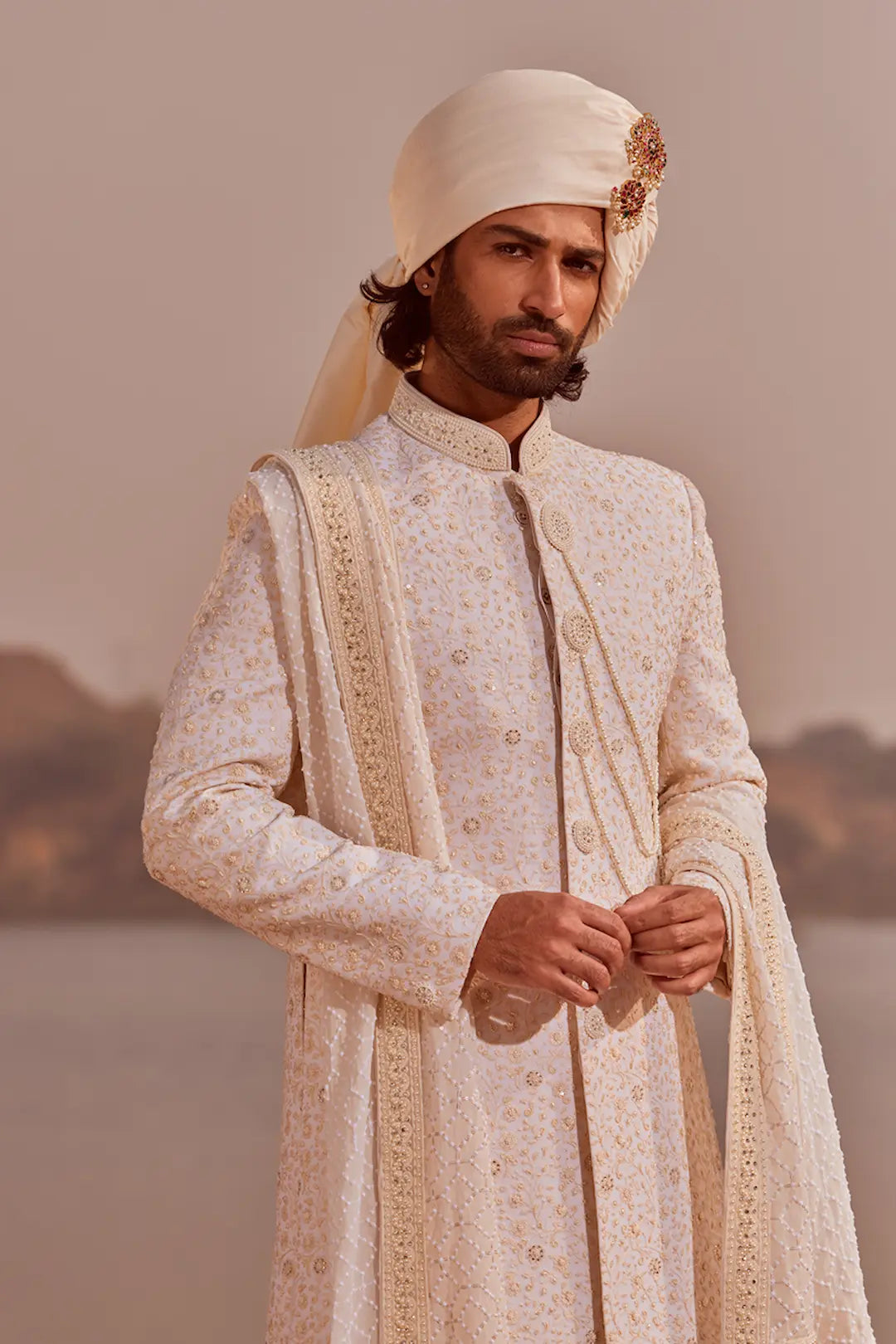 Off white pearl work Georgette Sherwani