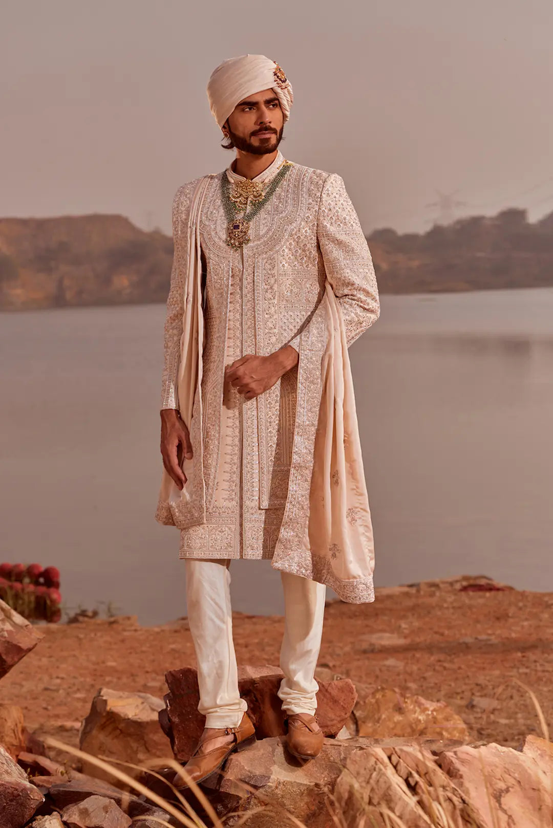 Rose gold silk Sherwani set in thread work embroidery