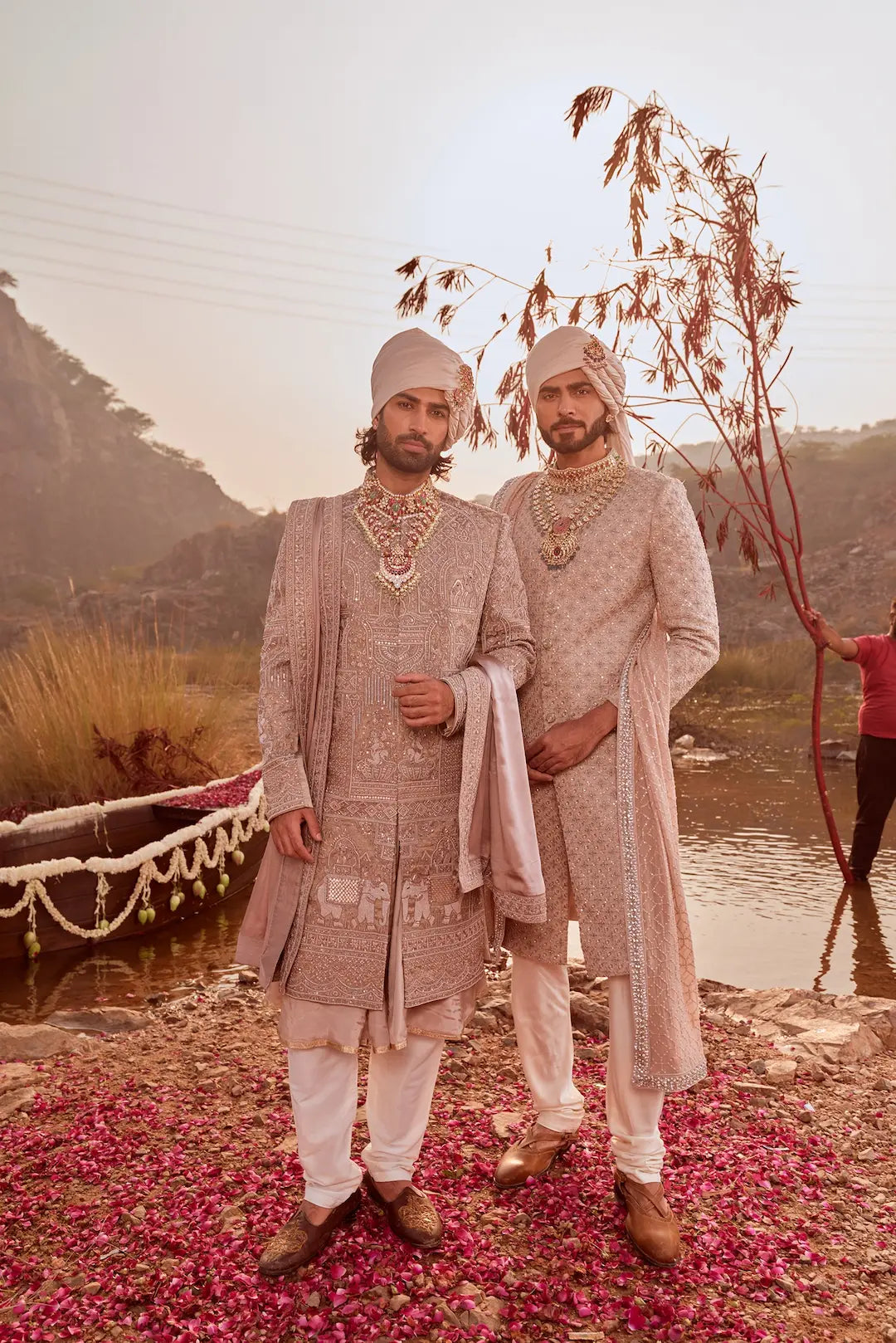 Mauve handwoven silk embroidered Sherwani set