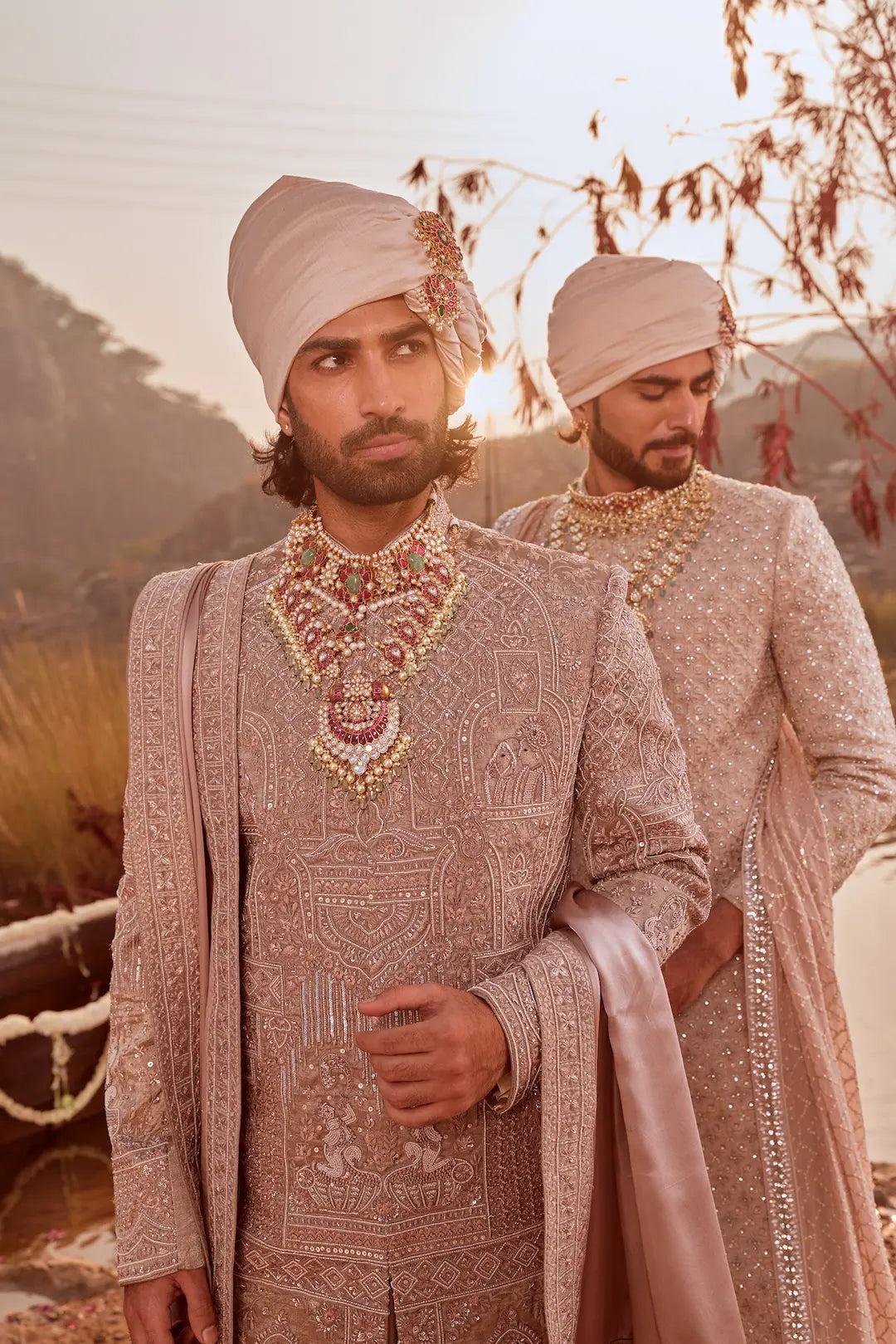 Mauve handwoven silk embroidered Sherwani set