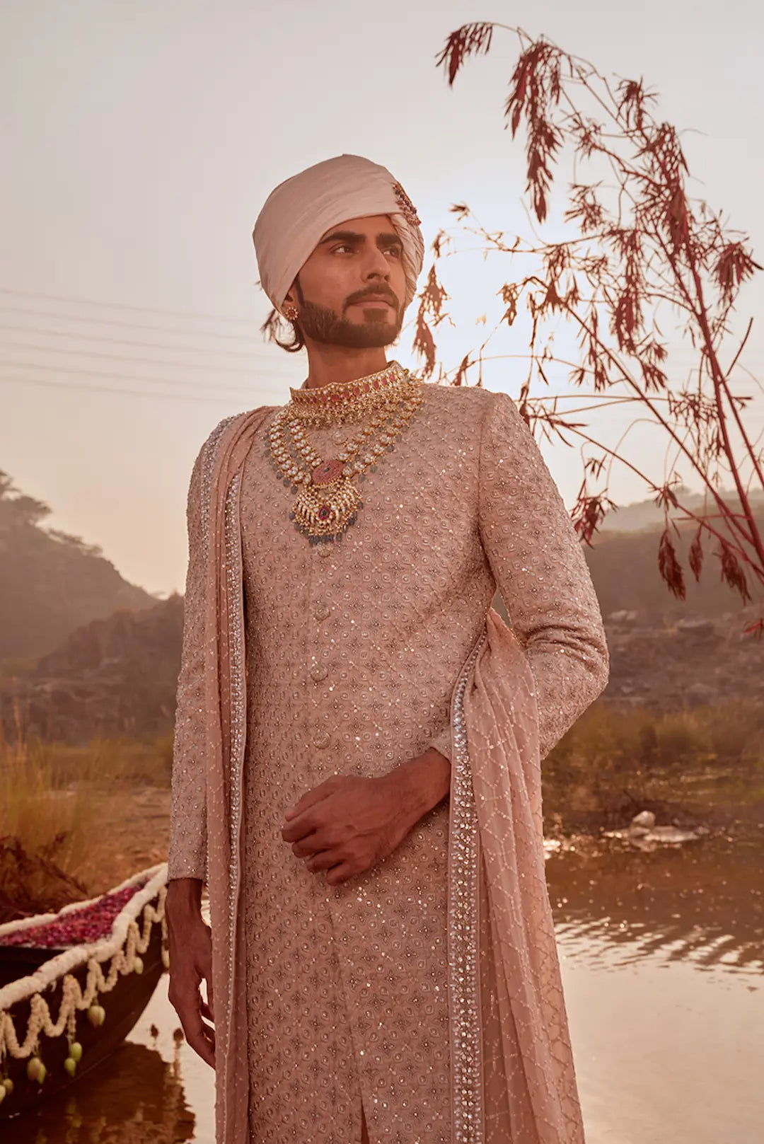 Rose gold silk Sherwani with zardozi embroidery