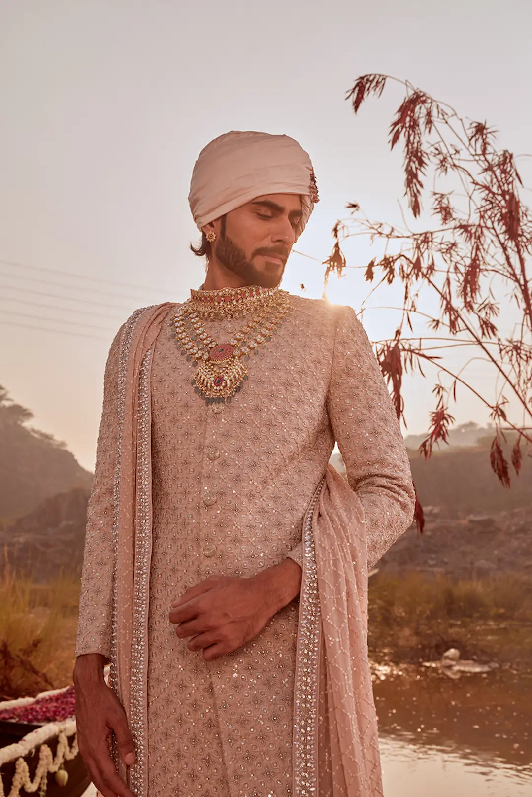 Rose gold silk Sherwani with zardozi embroidery
