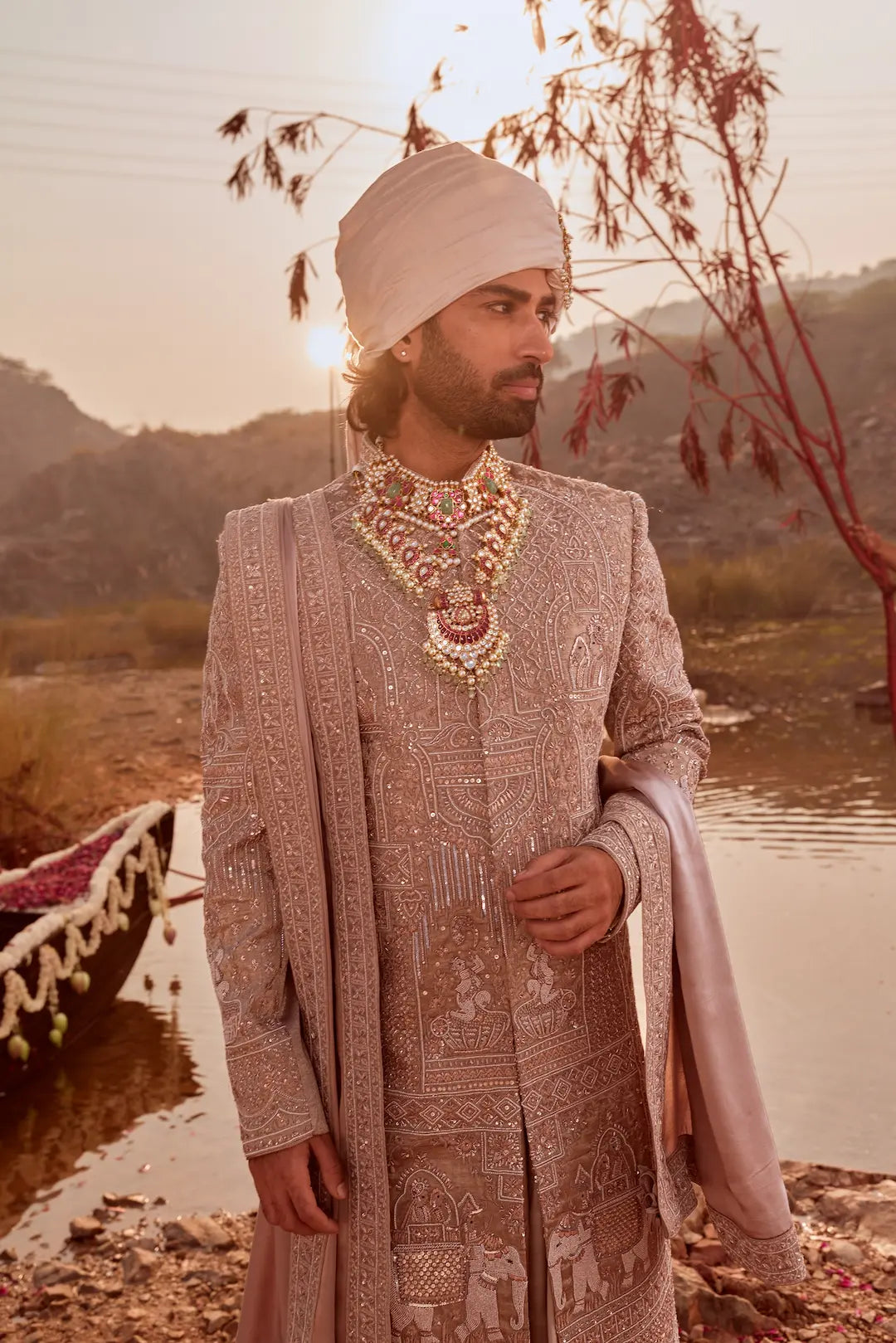 Mauve handwoven silk embroidered Sherwani set