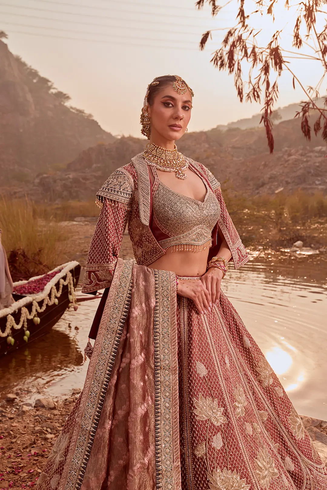 Blush pink Tissue silk embroidered bridal lehenga