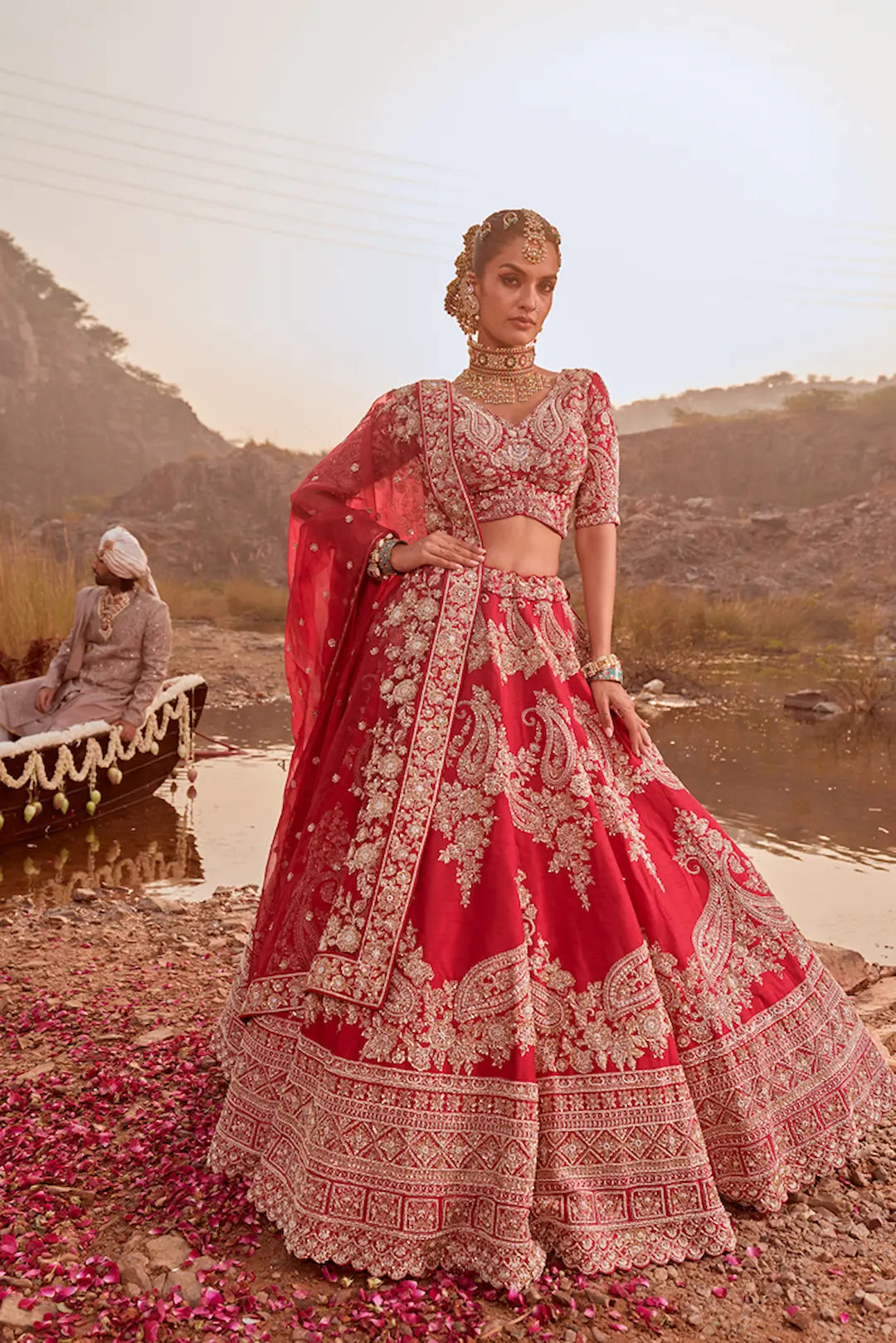 Red Bridal Raw silk paisley embroidery lehenga