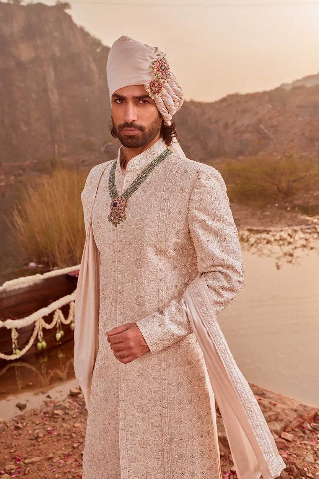 Off white Sherwani set with thread work and with anarkali kurta