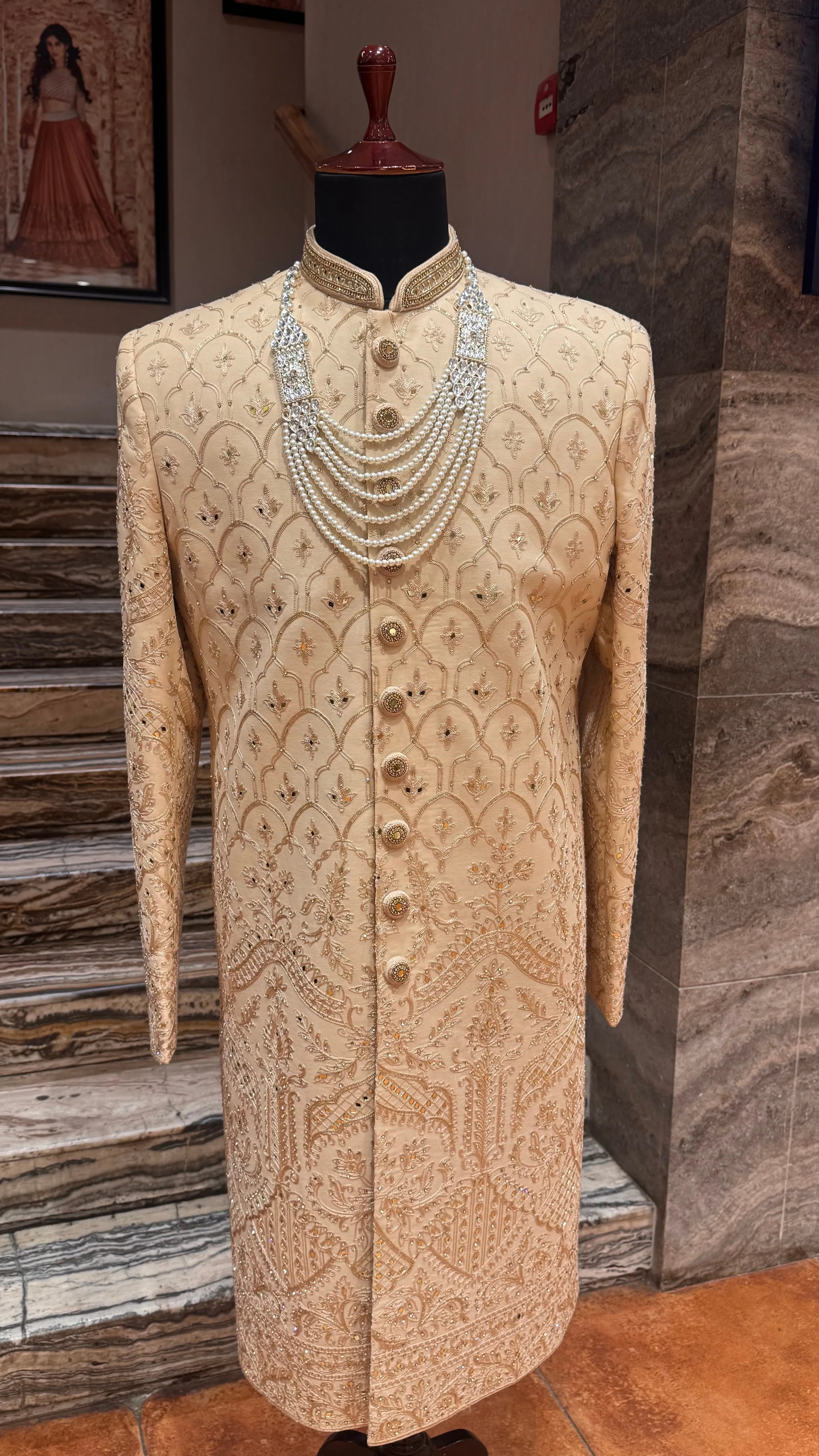 Fawn Sherwani with sequence and Thread work