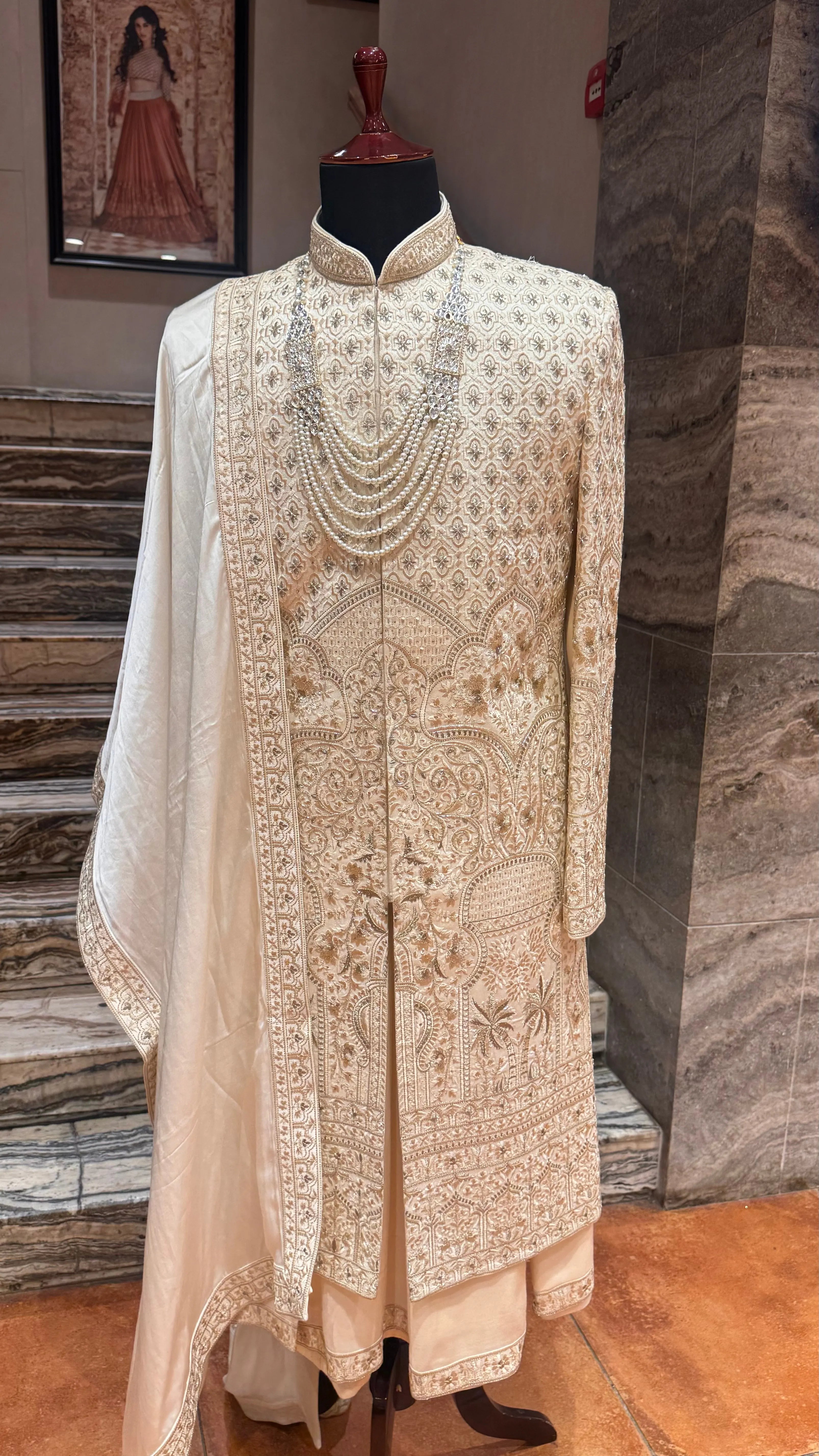 Fawn silk Sherwani with embroidery