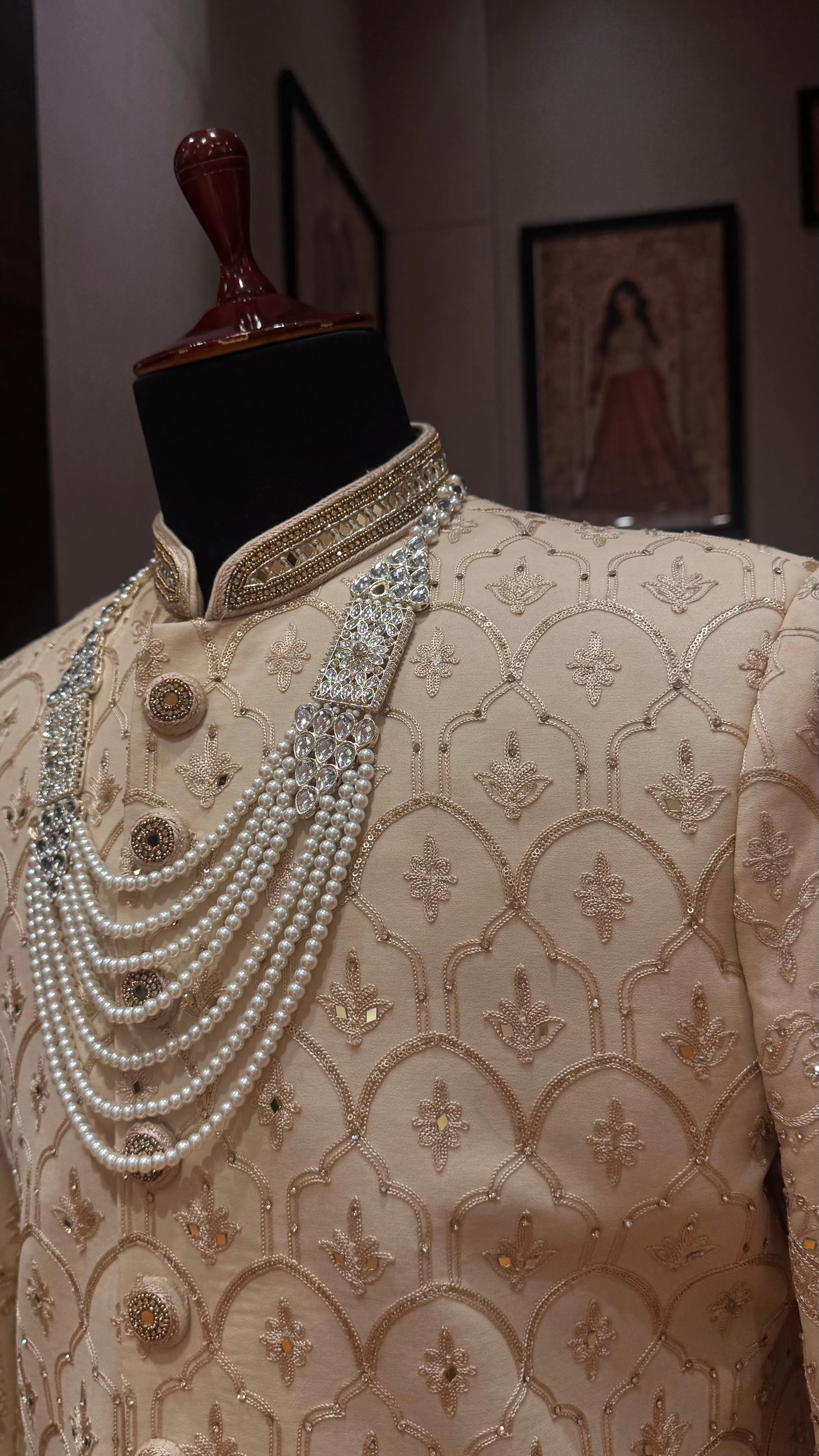 Fawn Sherwani with sequence and Thread work