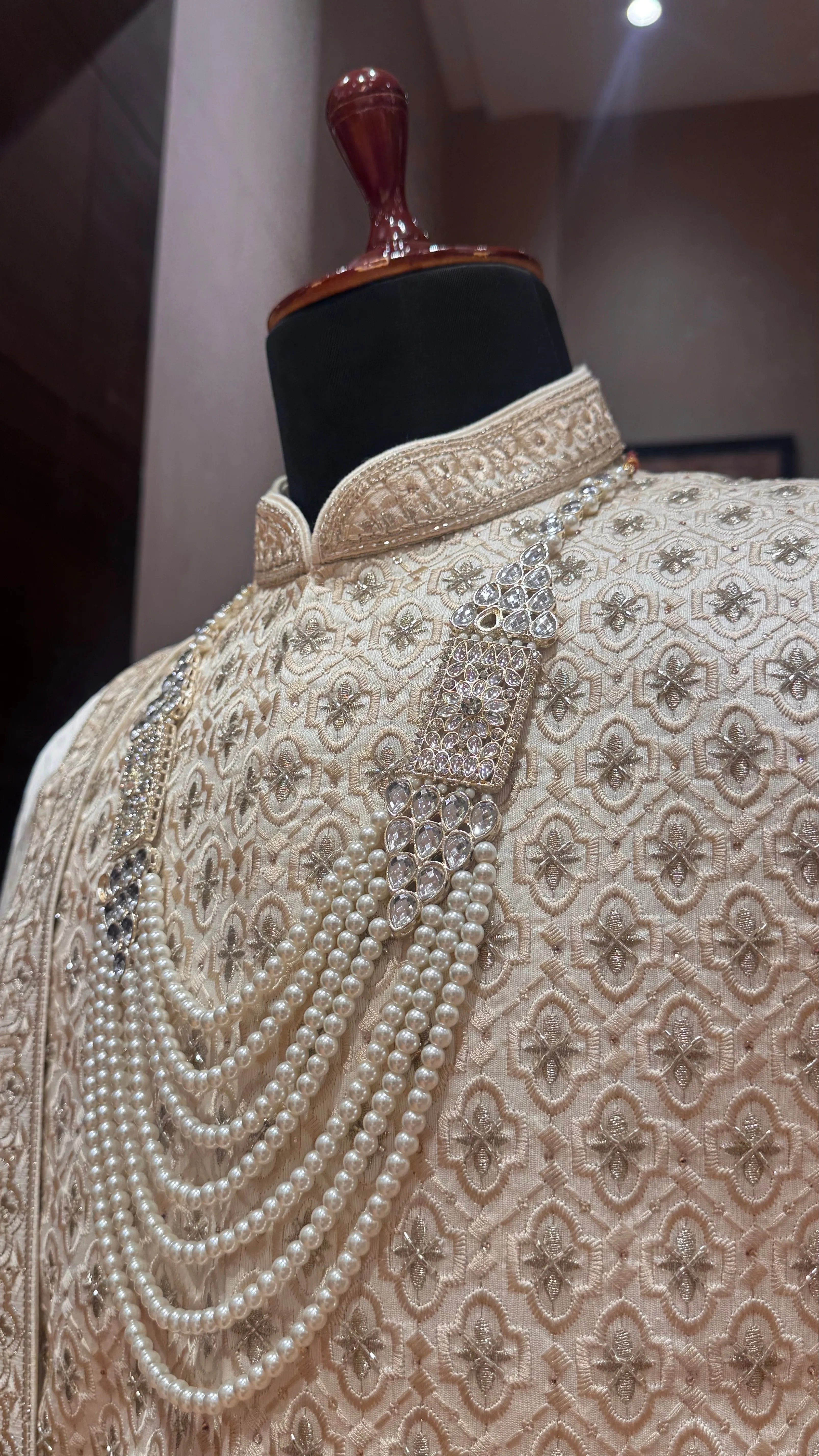 Fawn silk Sherwani with embroidery