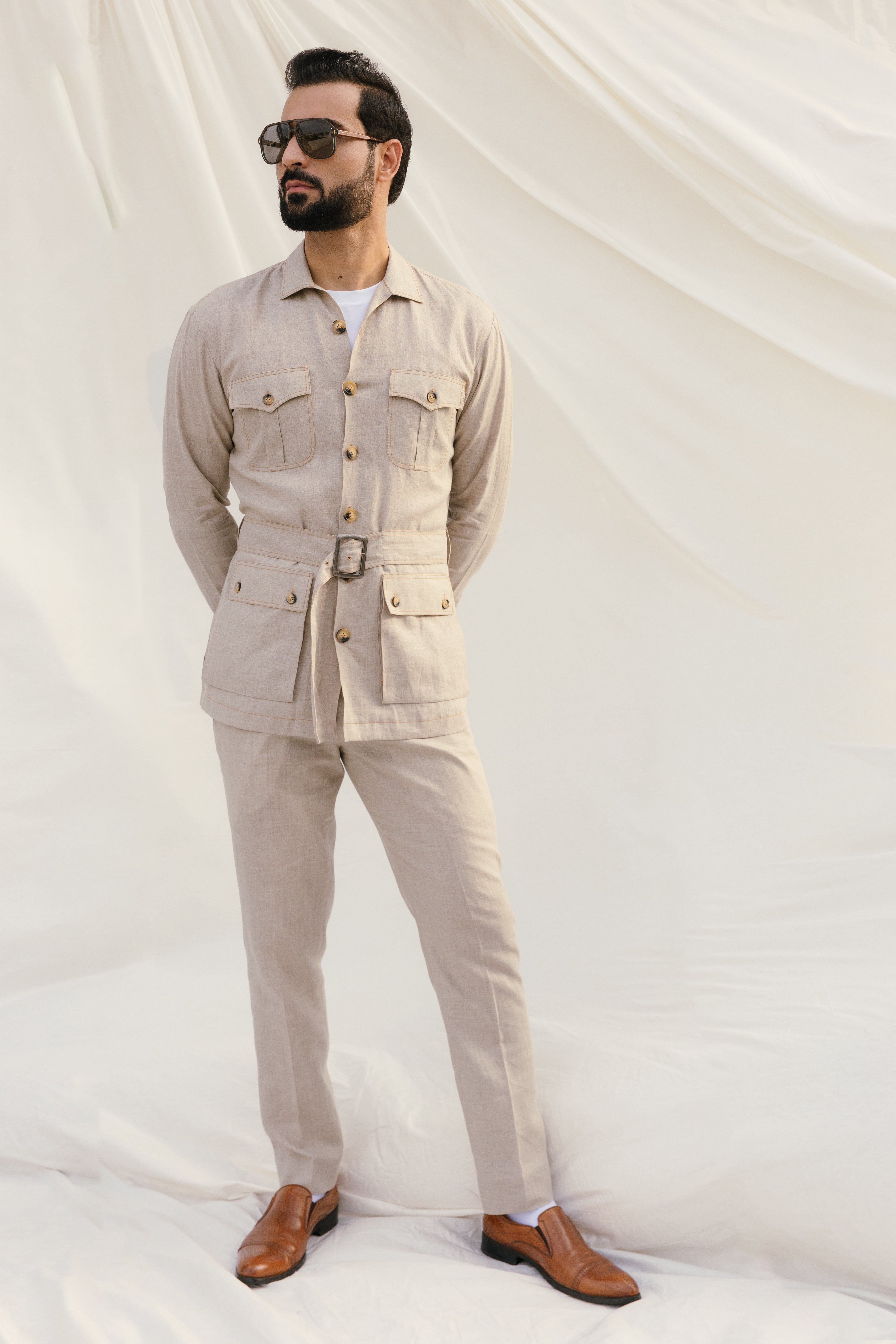 Beige Linen Cordset Safari Shirt with pach pockets and waist belt(with pant)