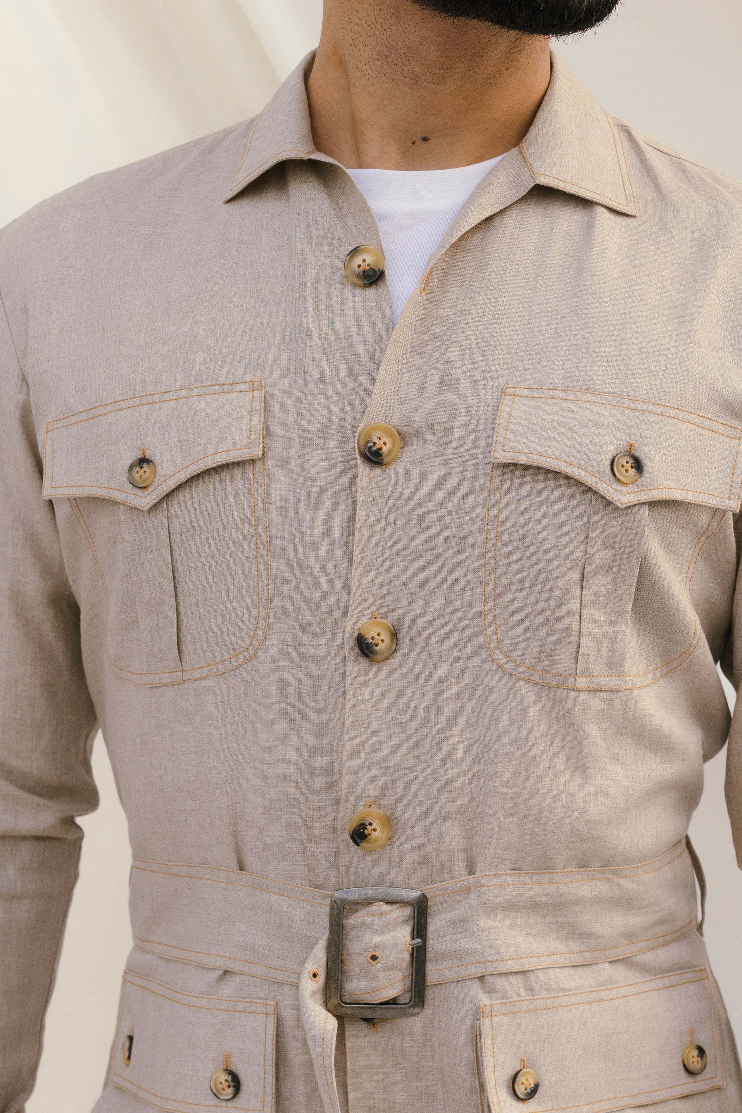 Beige Linen Cordset Safari Shirt with pach pockets and waist belt(with pant)