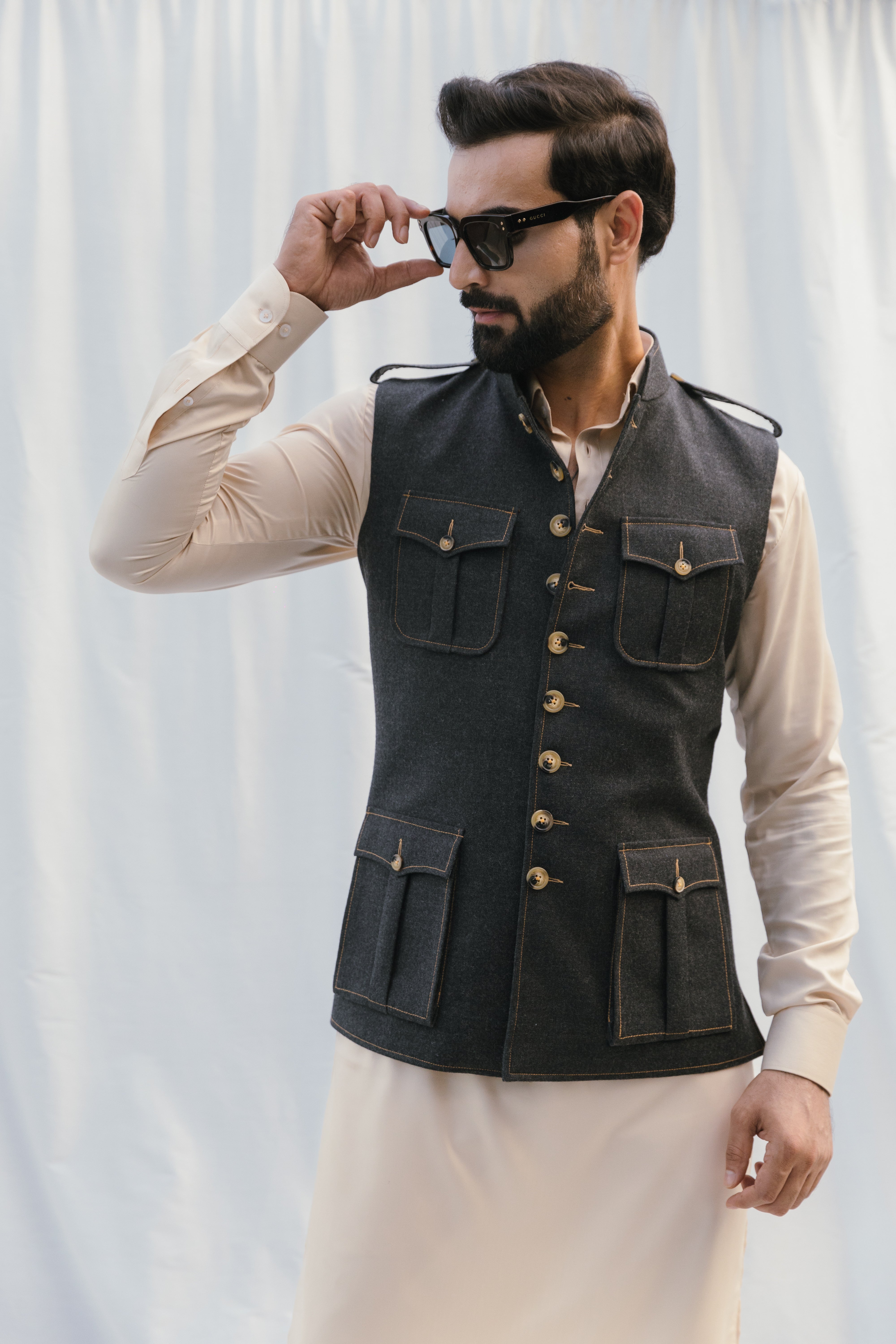 Charcoal Grey Multi-Button Sadri