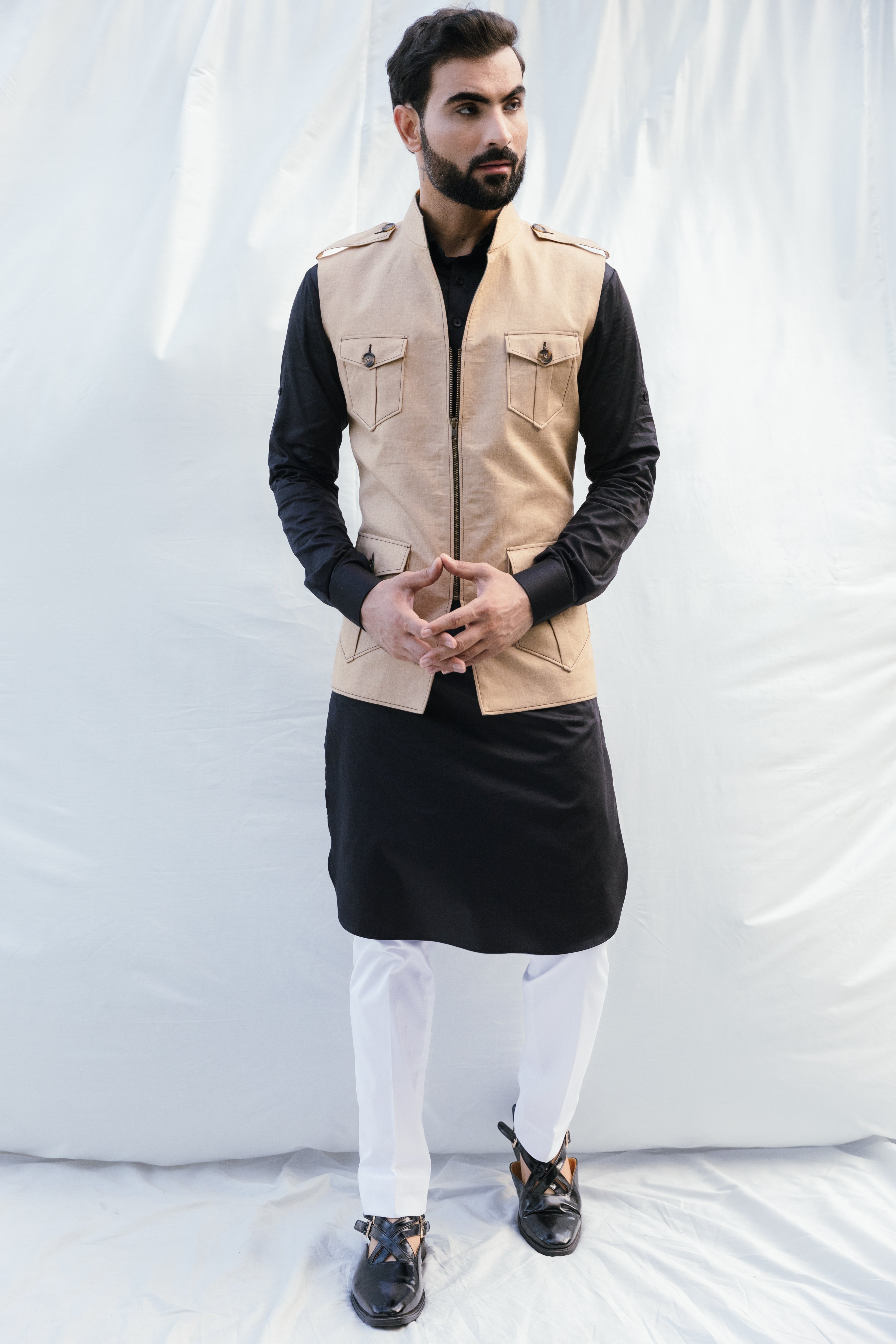 Beige Zipper Sadri with Patch Pockets & Contrast Stitch