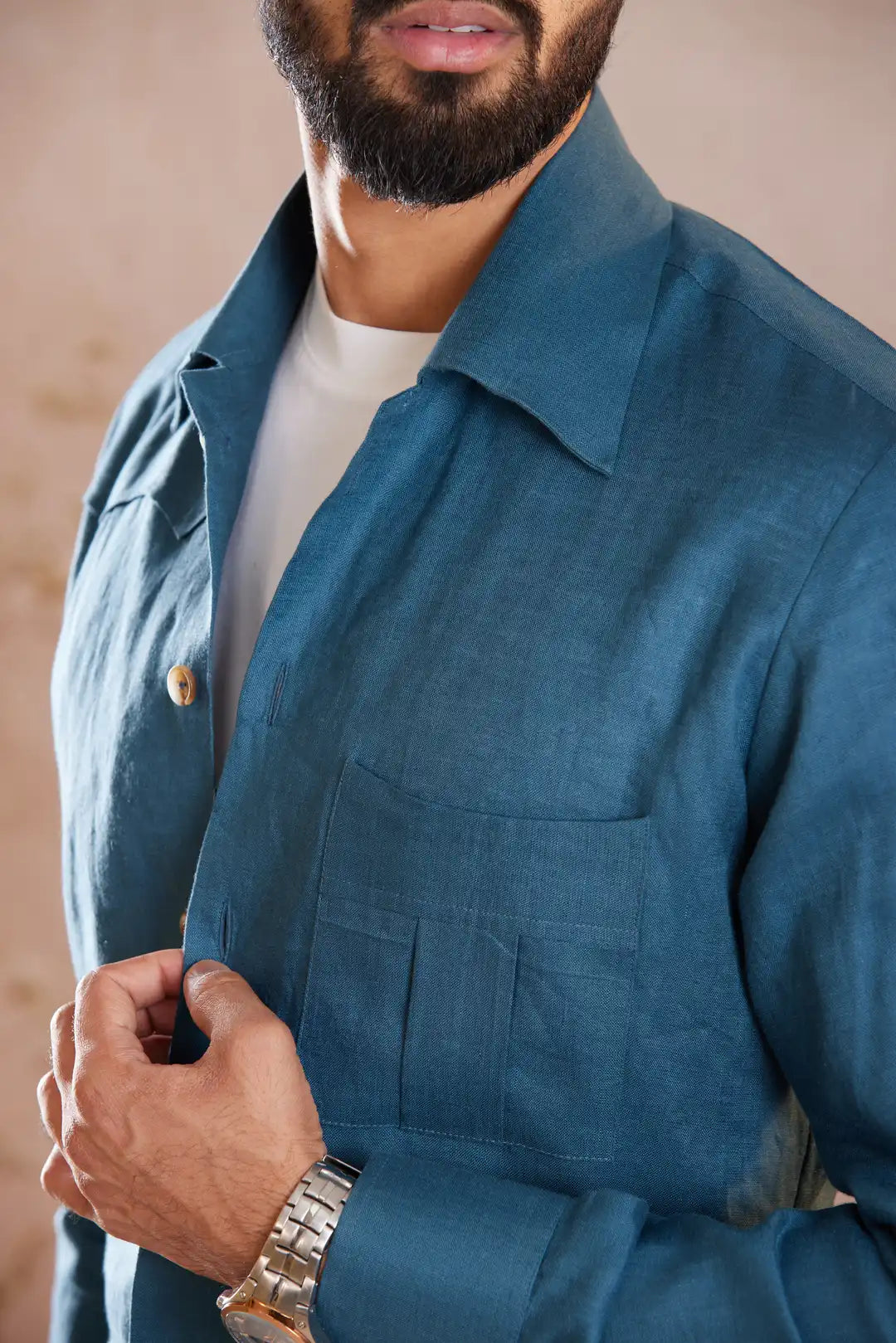 Classic Teal Linen Safari Shirt