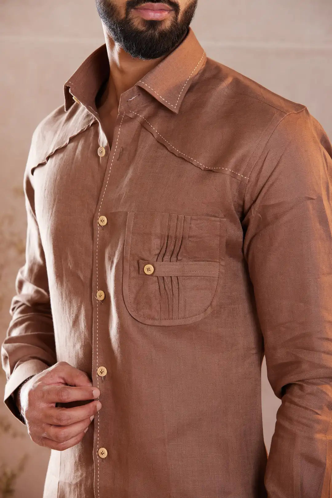 Classic Brown Linen Shirt with pocket detailing