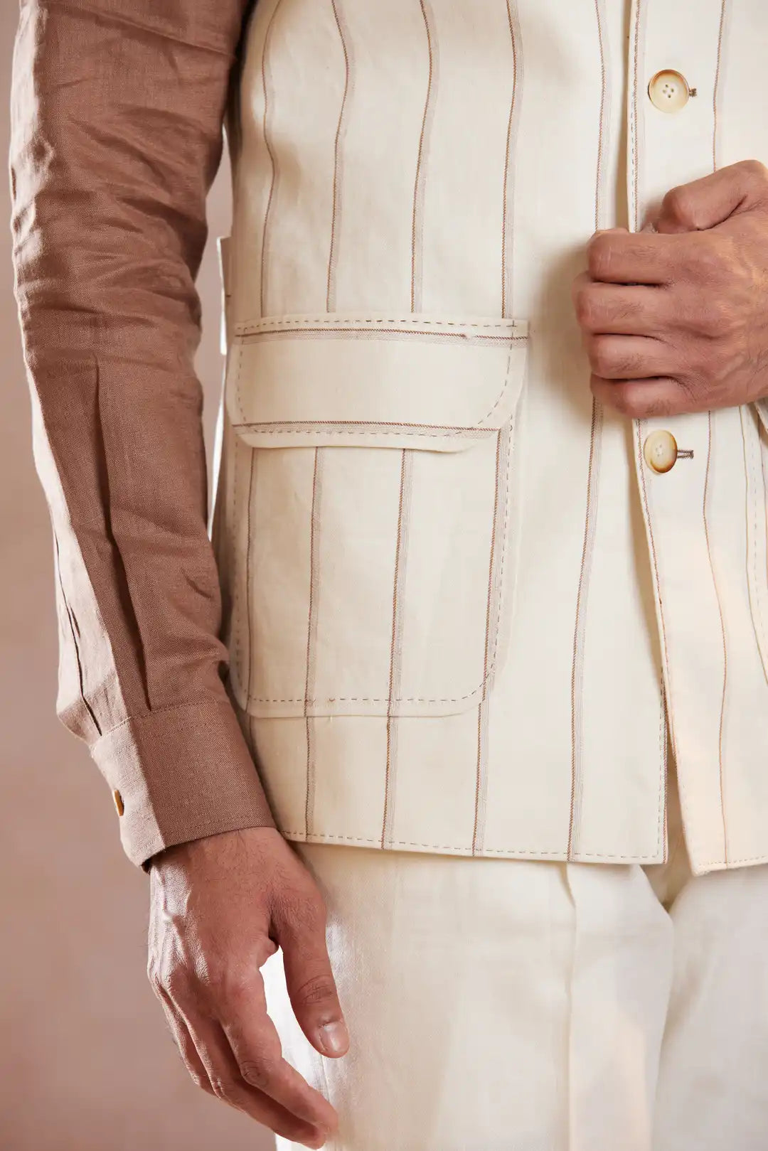 Ivory pinstriped Linen Sadri