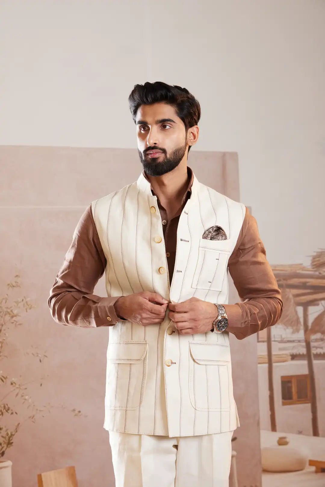 Ivory pinstriped Linen Sadri