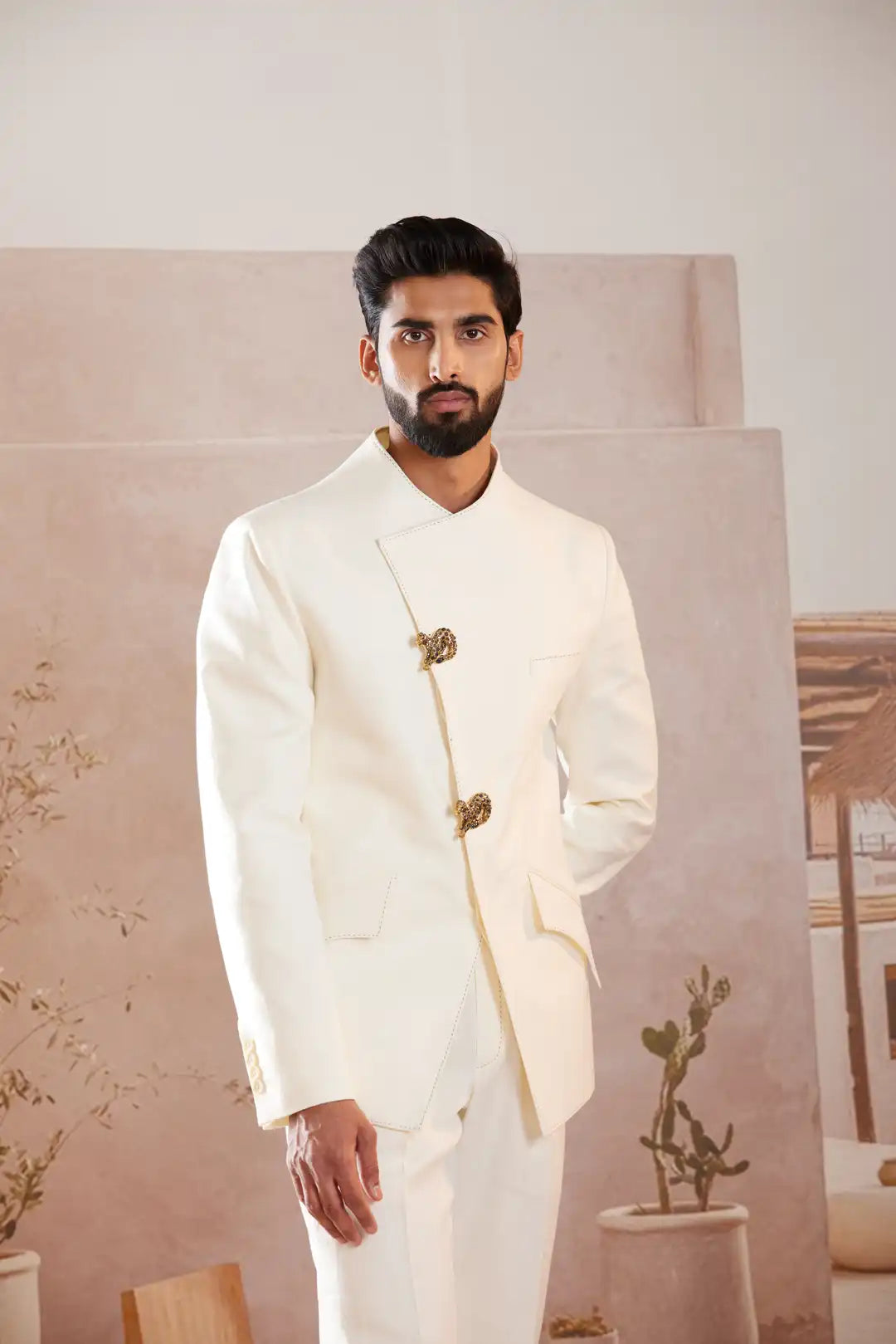 Ivory Asymmetric Linen Bandgala with statement buttons