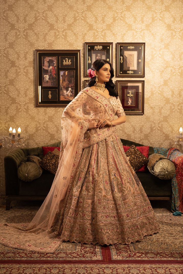 Pink Bridal Lehenga with Peacock Embroidery