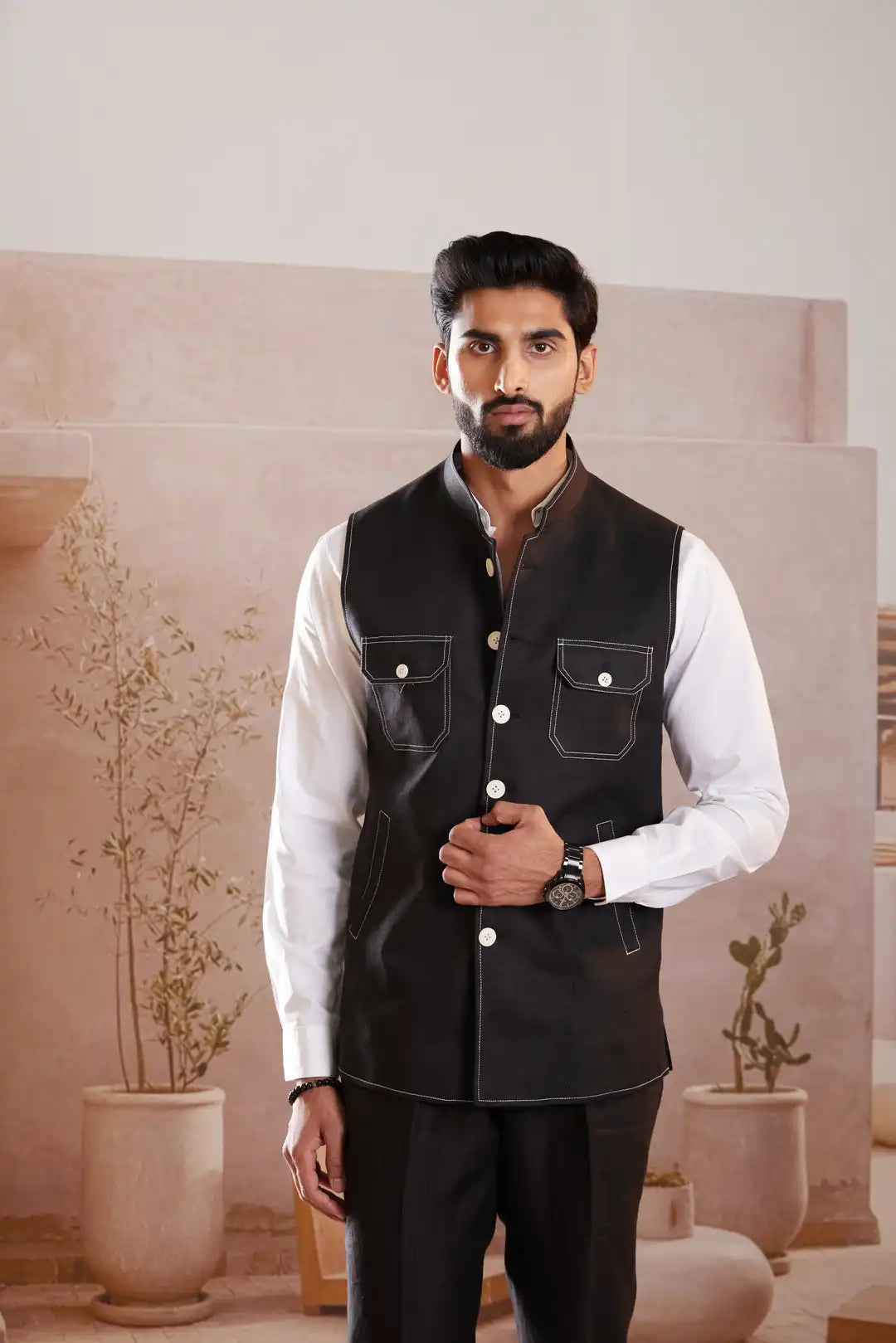 Black Linen Sadri with contrast stitching