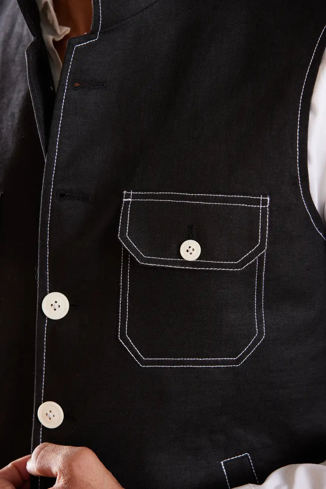 Black Linen Sadri with contrast stitching