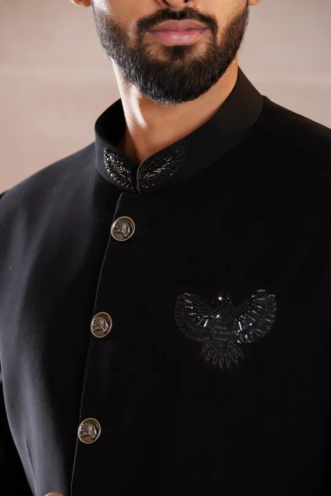 Black textured Bandgala with Bird Motif