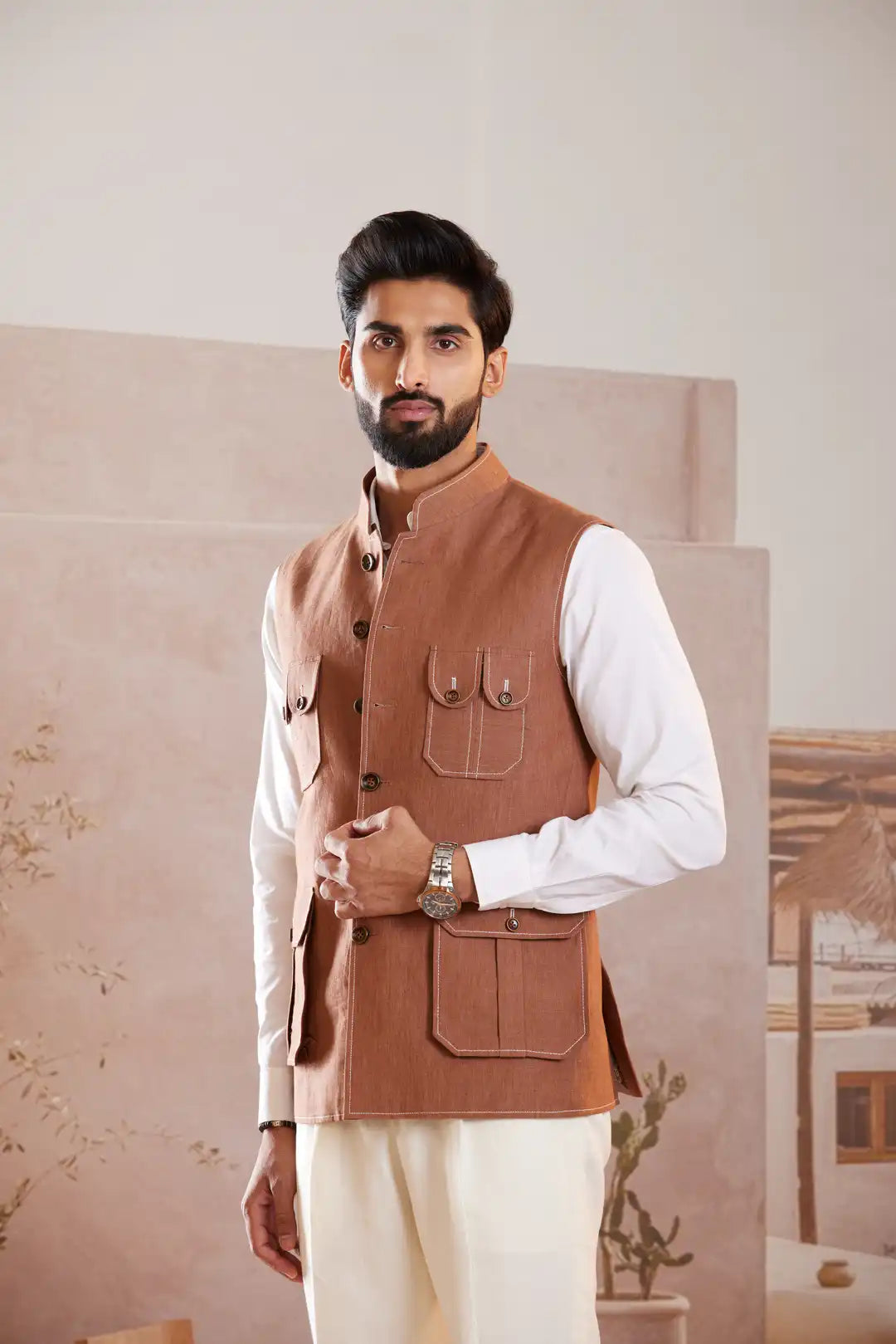 Terracotta Four Pocket Linen Sadri