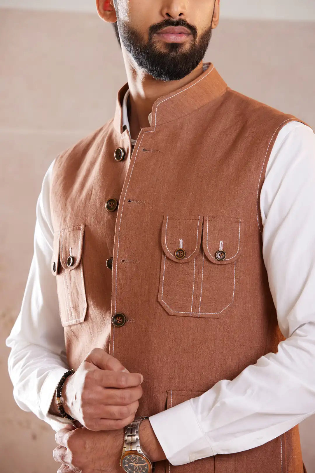 Terracotta Four Pocket Linen Sadri
