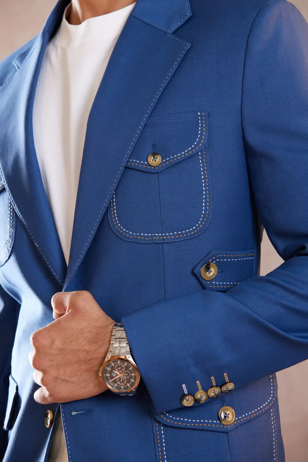 Cobalt blue Linen Tailored Blazer with Contrast Stitching