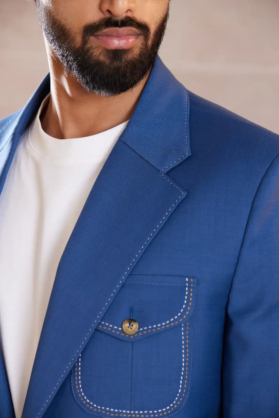 Cobalt blue Linen Tailored Blazer with Contrast Stitching
