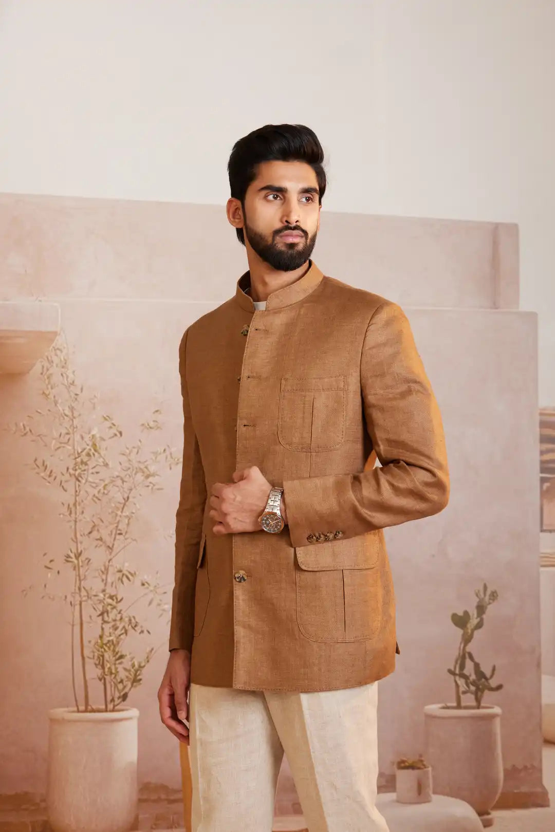 Tan Tailored Linen Bandgala with flap pockets