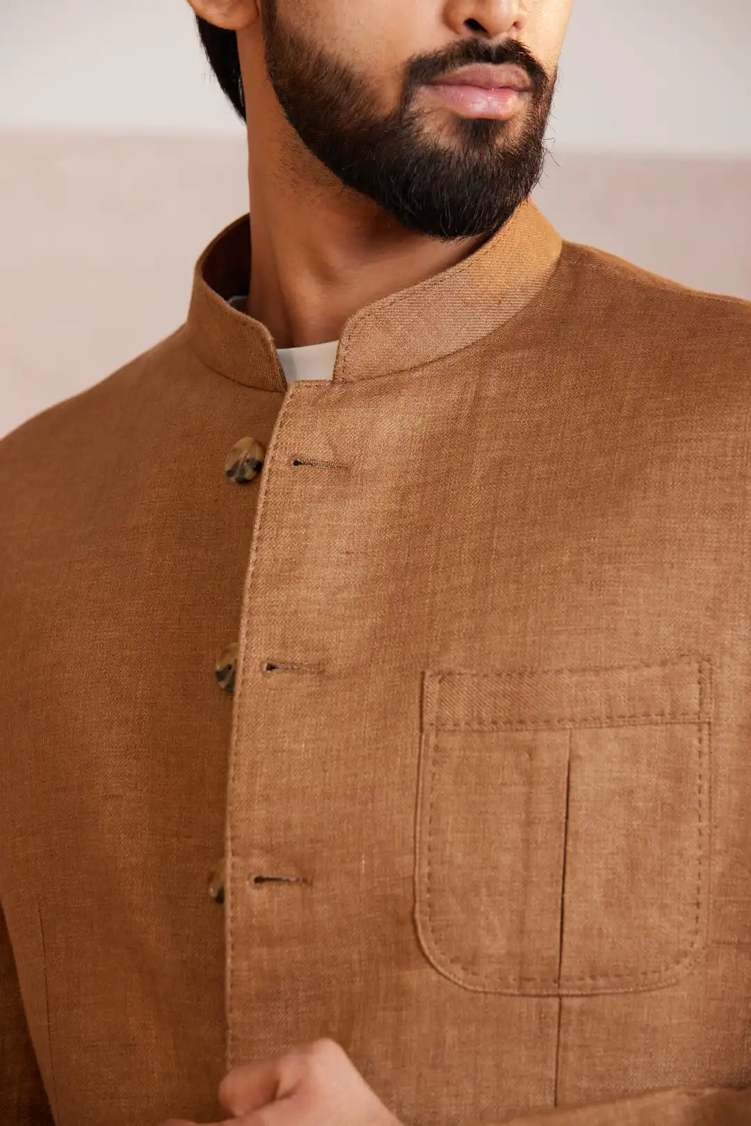 Tan Tailored Linen Bandgala with flap pockets